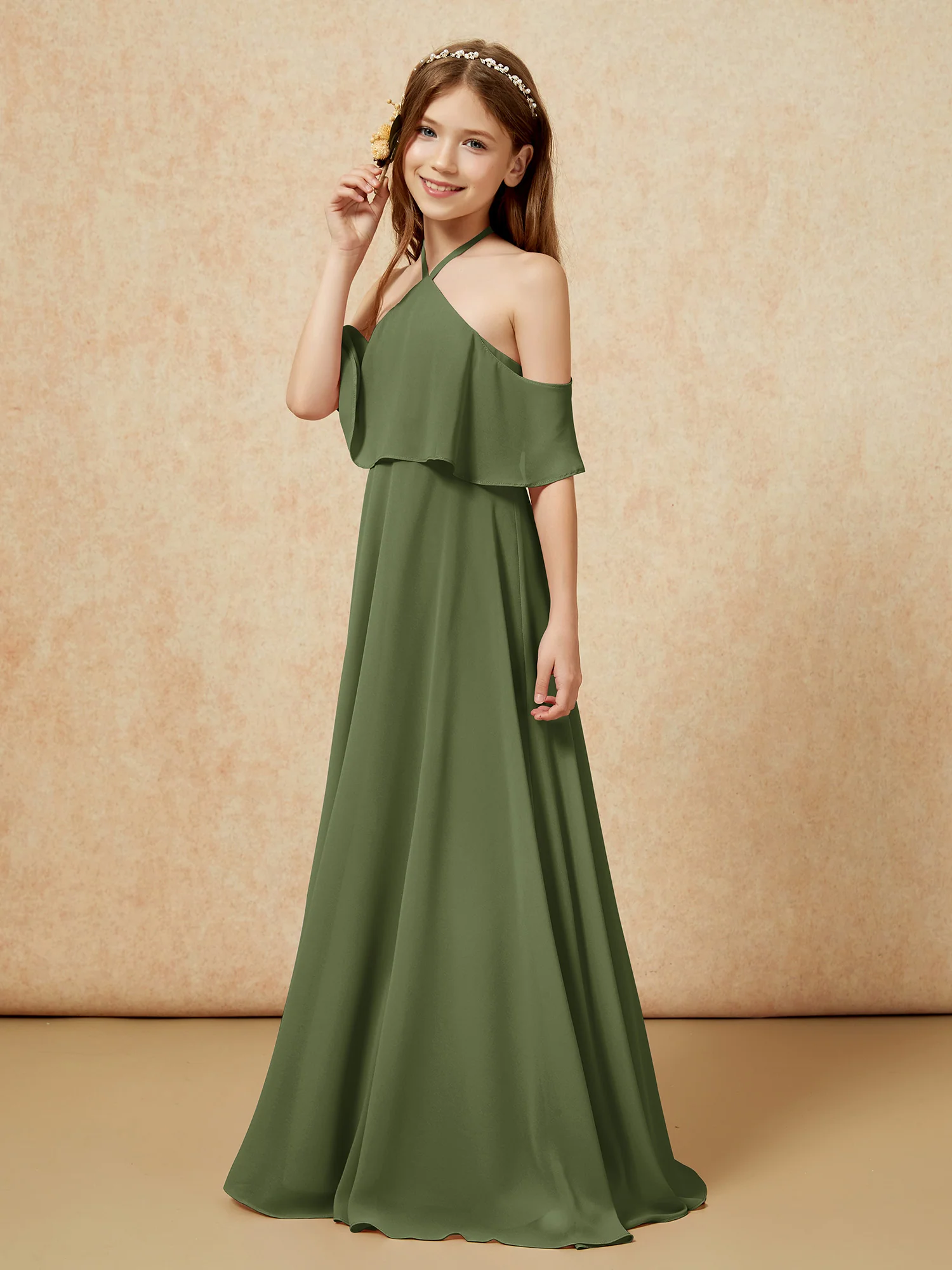 Simple Halter Floor-length Junior Bridesmaid Dress Olive Green - Image 3
