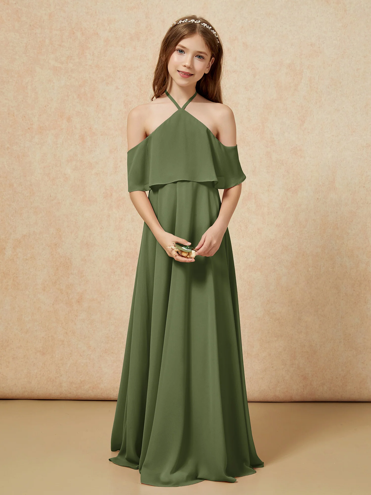 Simple Halter Floor-length Junior Bridesmaid Dress Olive Green - Image 4