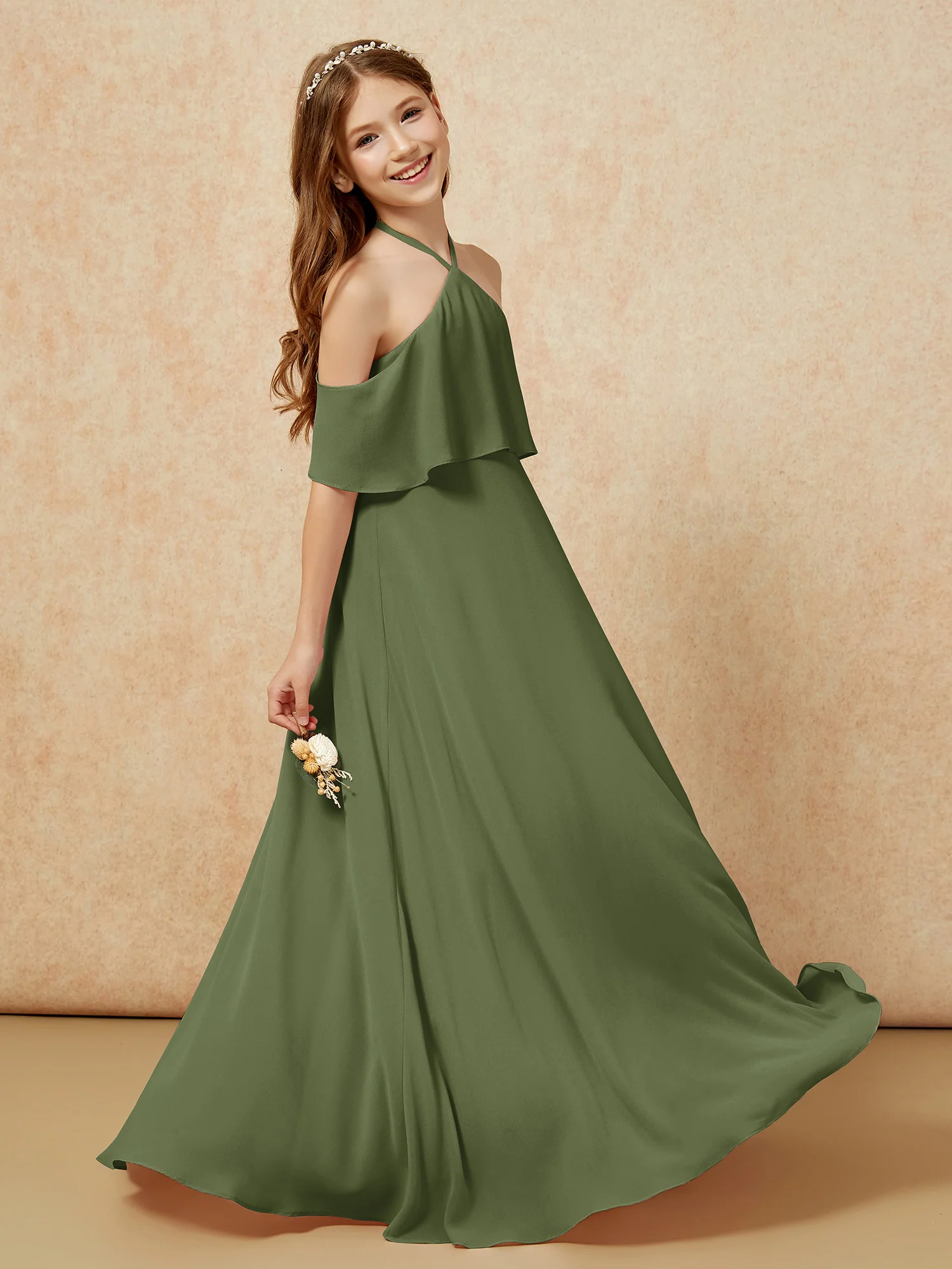 Simple Halter Floor-length Junior Bridesmaid Dress Olive Green - Image 5
