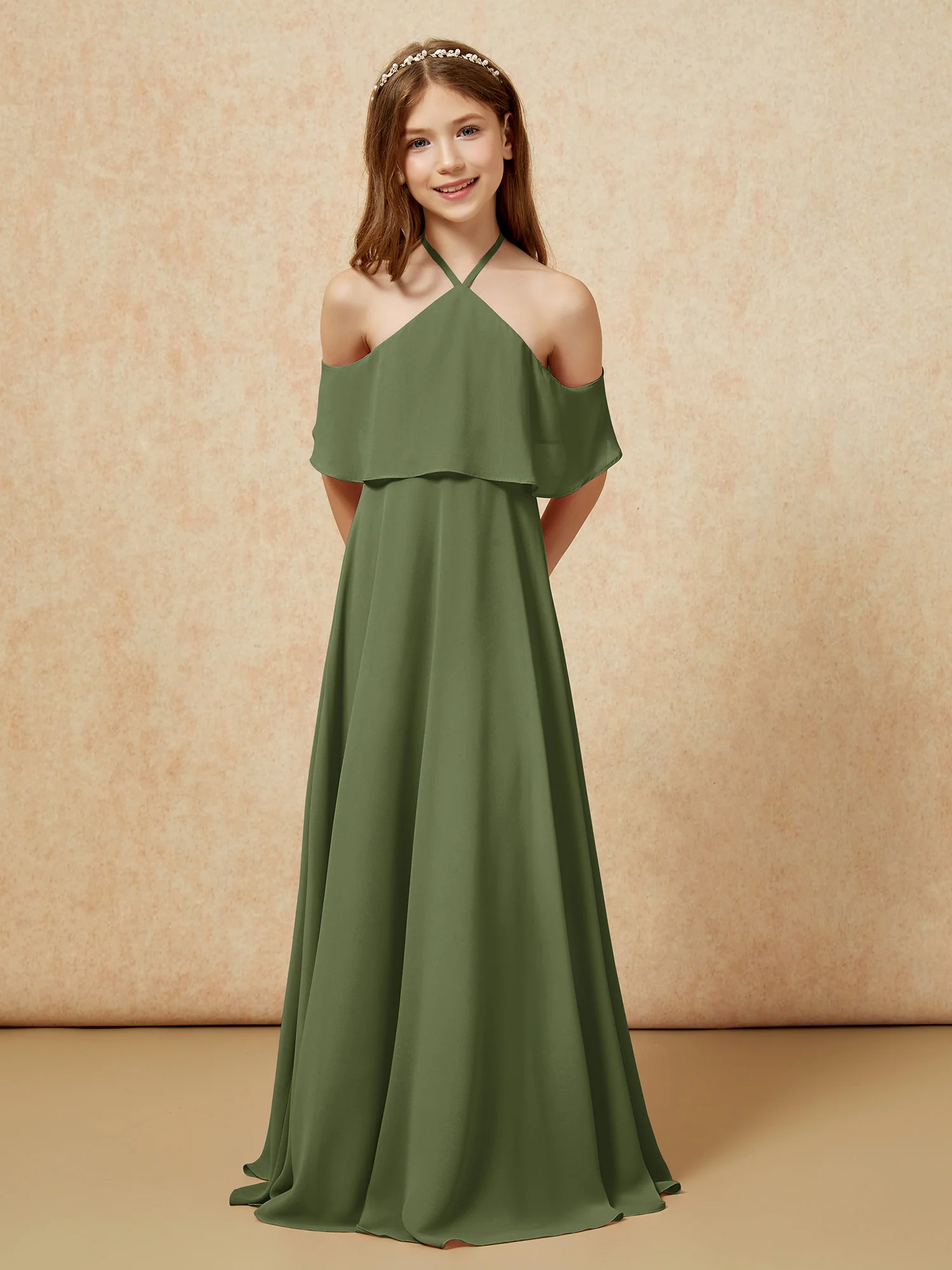 Simple Halter Floor-length Junior Bridesmaid Dress Olive Green - Image 6