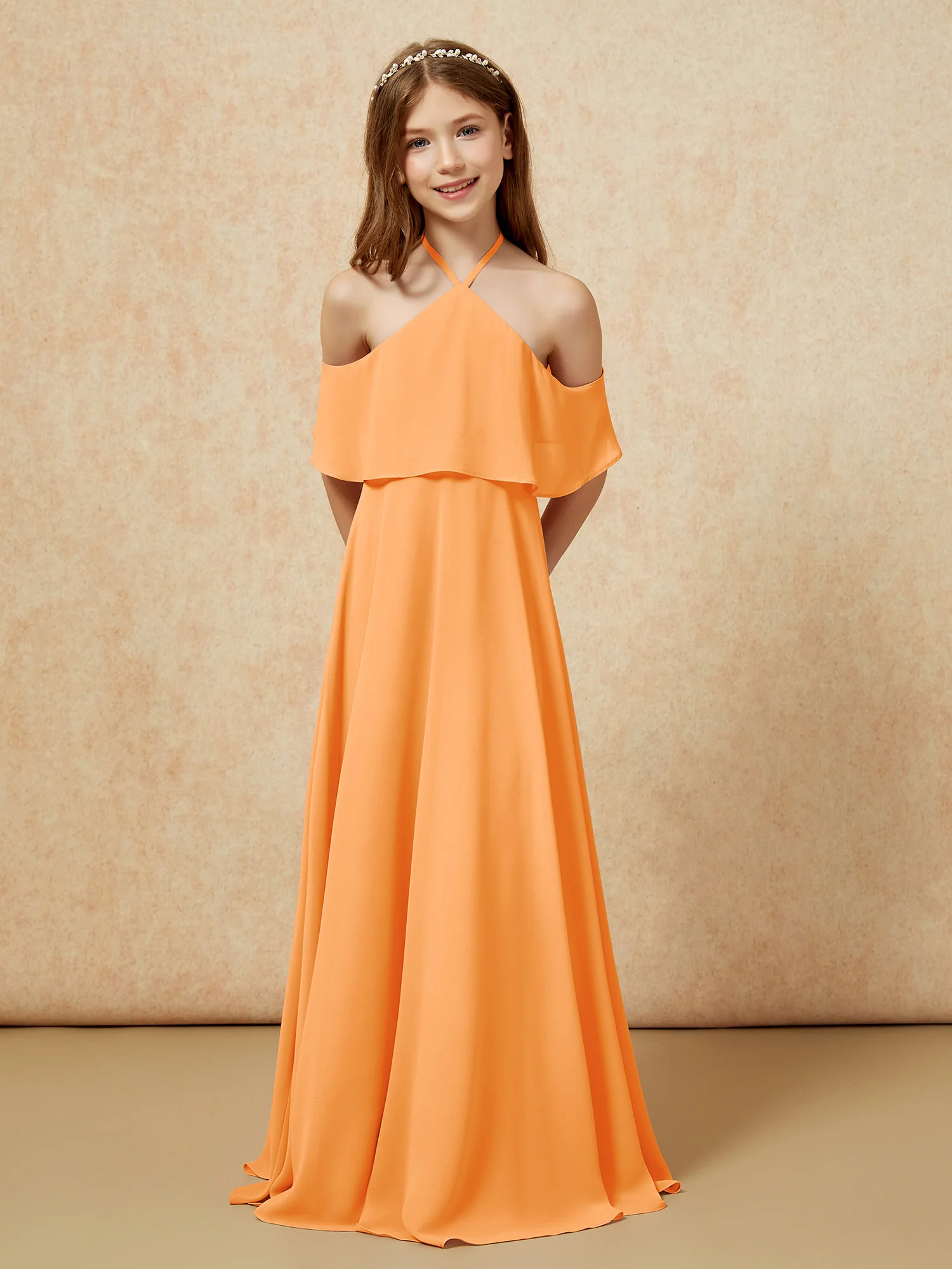 Simple Halter Floor-length Junior Bridesmaid Dress Orange - Image 6