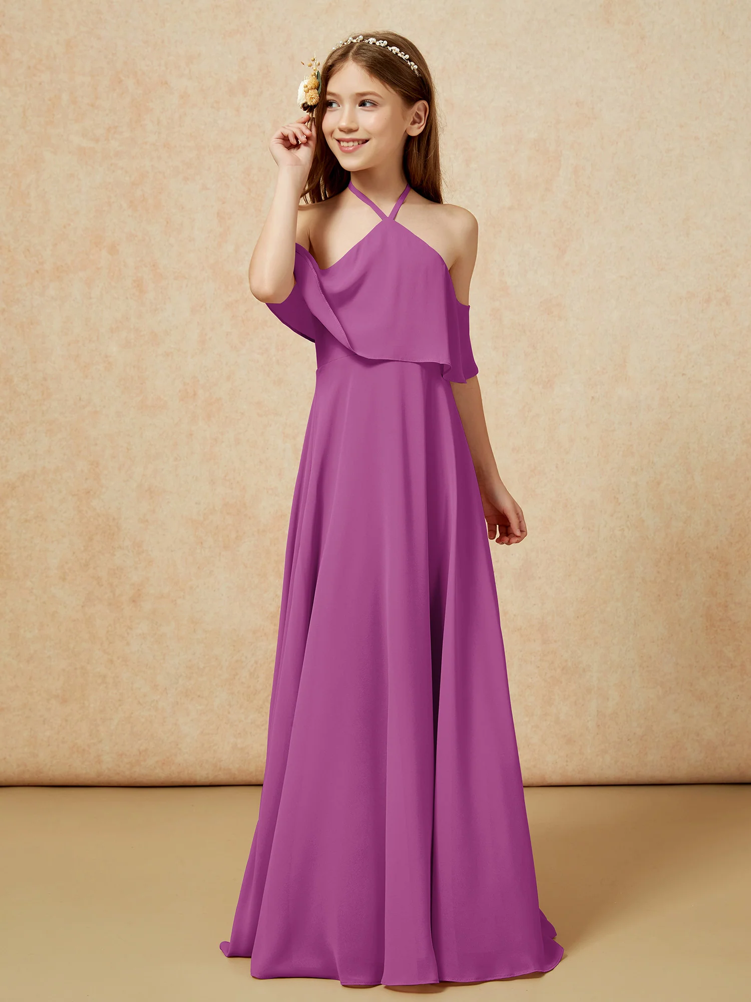 Simple Halter Floor-length Junior Bridesmaid Dress Orchid