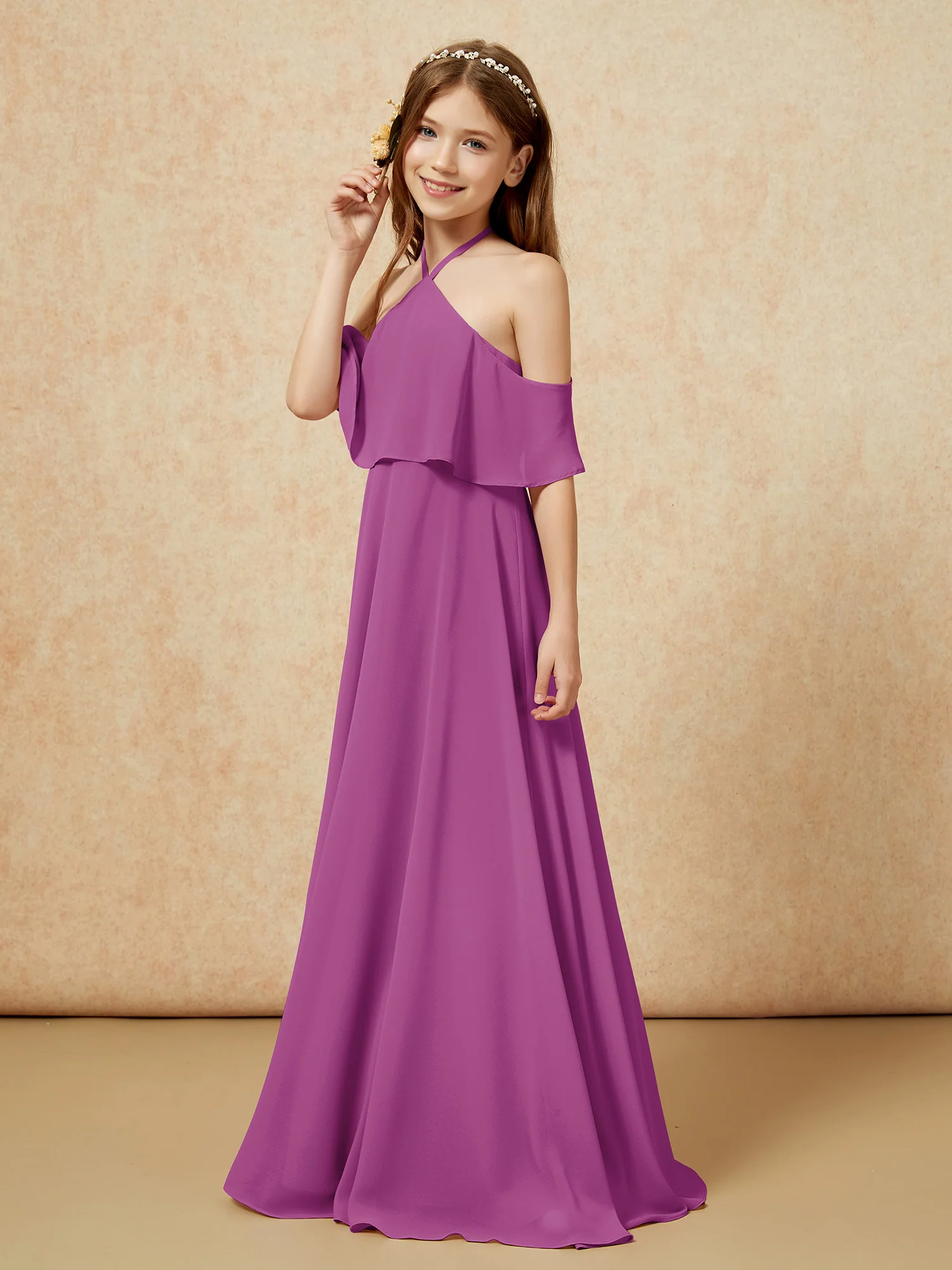 Simple Halter Floor-length Junior Bridesmaid Dress Orchid - Image 3