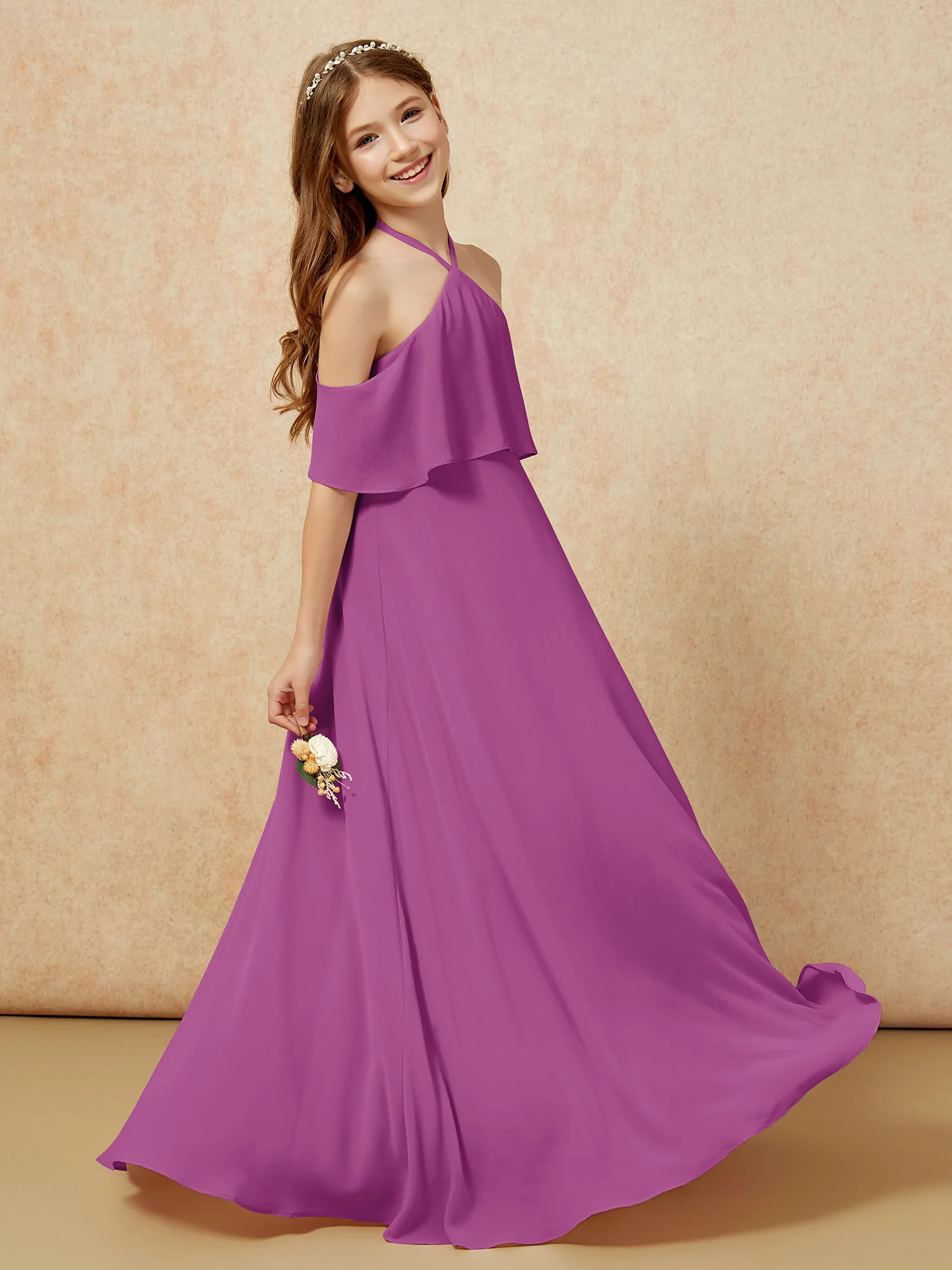 Simple Halter Floor-length Junior Bridesmaid Dress Orchid - Image 5