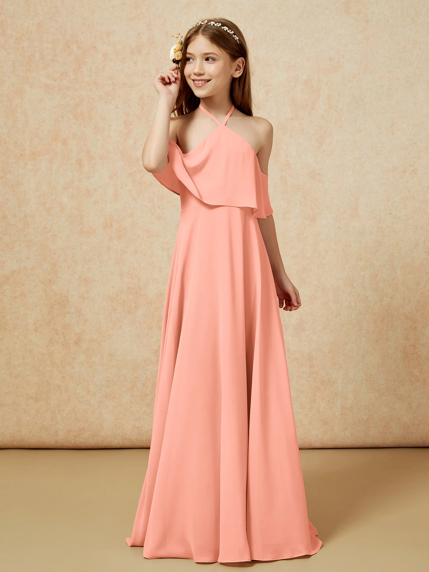 Simple Halter Floor-length Junior Bridesmaid Dress Papaya
