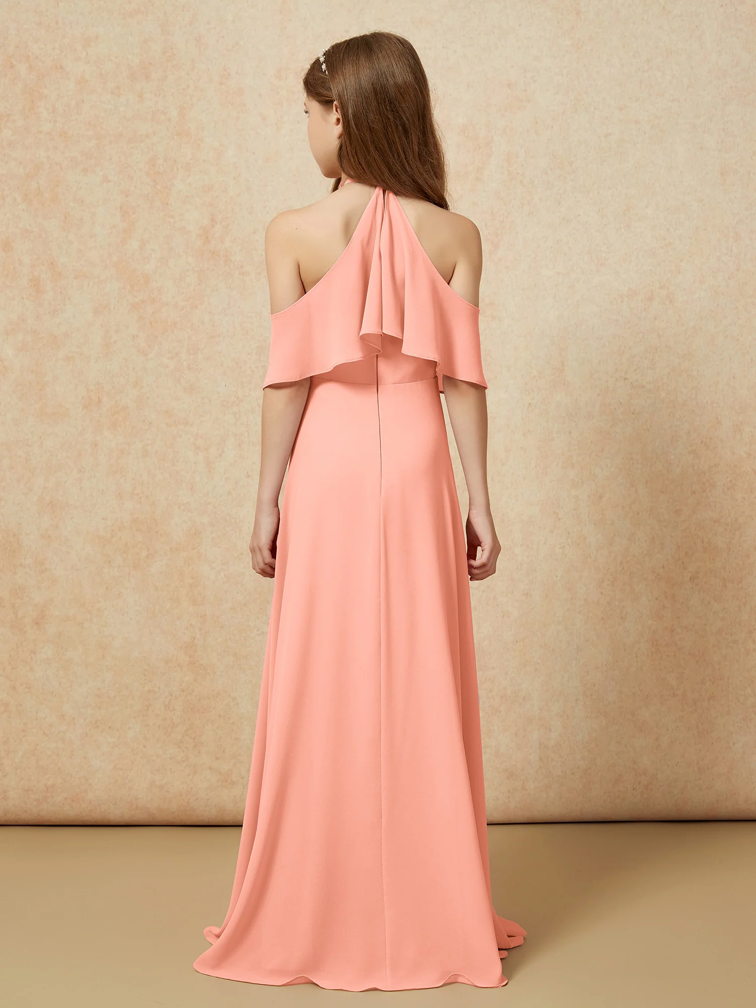 Simple Halter Floor-length Junior Bridesmaid Dress Papaya - Image 2