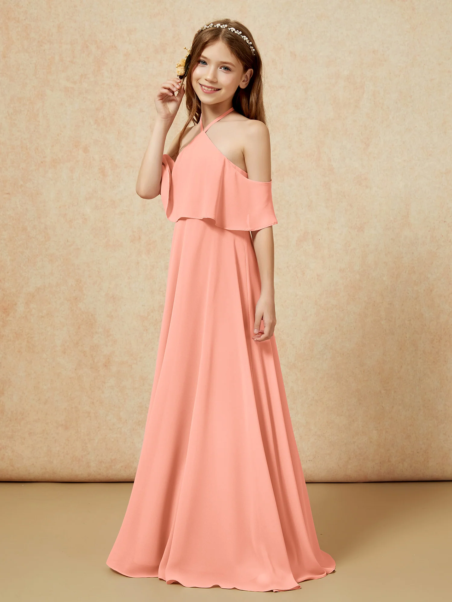 Simple Halter Floor-length Junior Bridesmaid Dress Papaya - Image 3