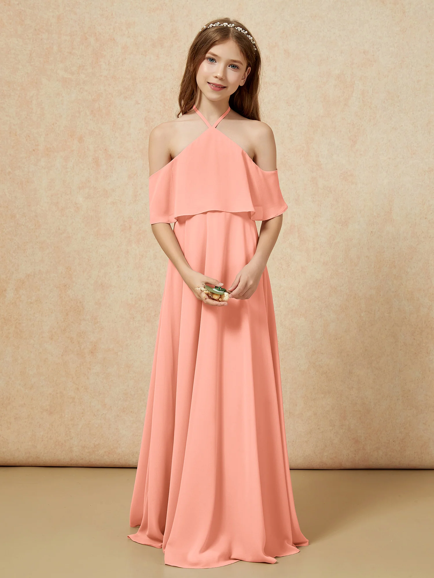 Simple Halter Floor-length Junior Bridesmaid Dress Papaya - Image 4