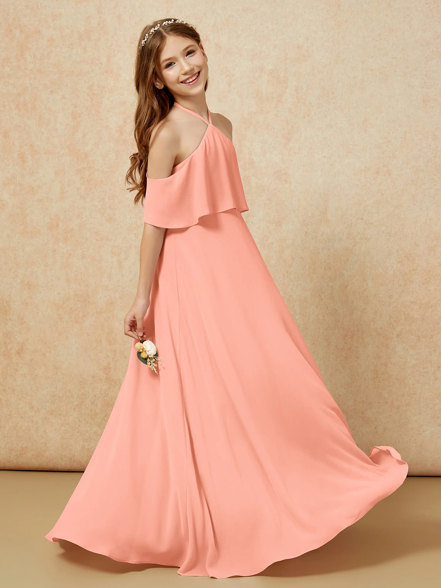 Simple Halter Floor-length Junior Bridesmaid Dress Papaya - Image 5