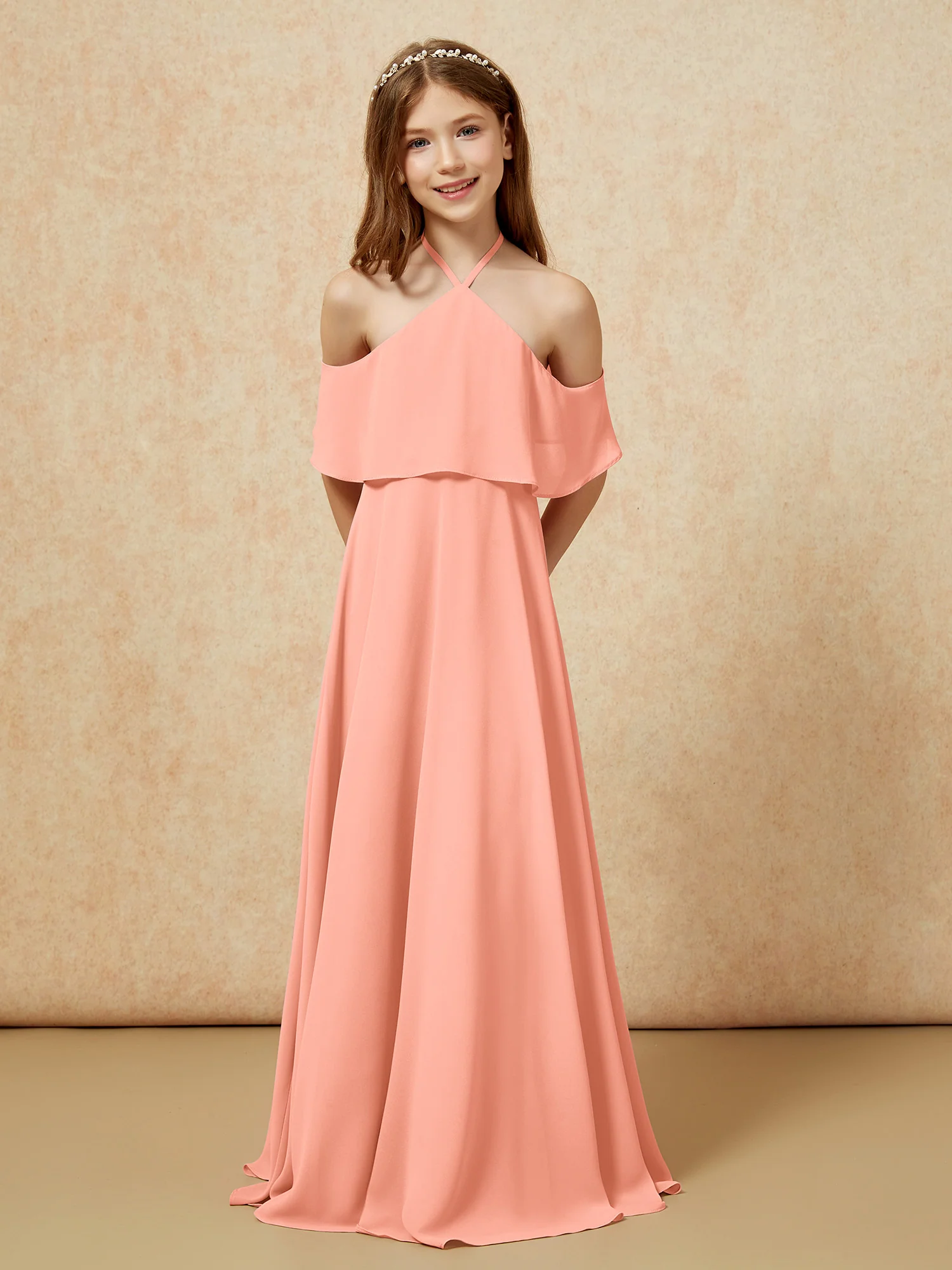 Simple Halter Floor-length Junior Bridesmaid Dress Papaya - Image 6