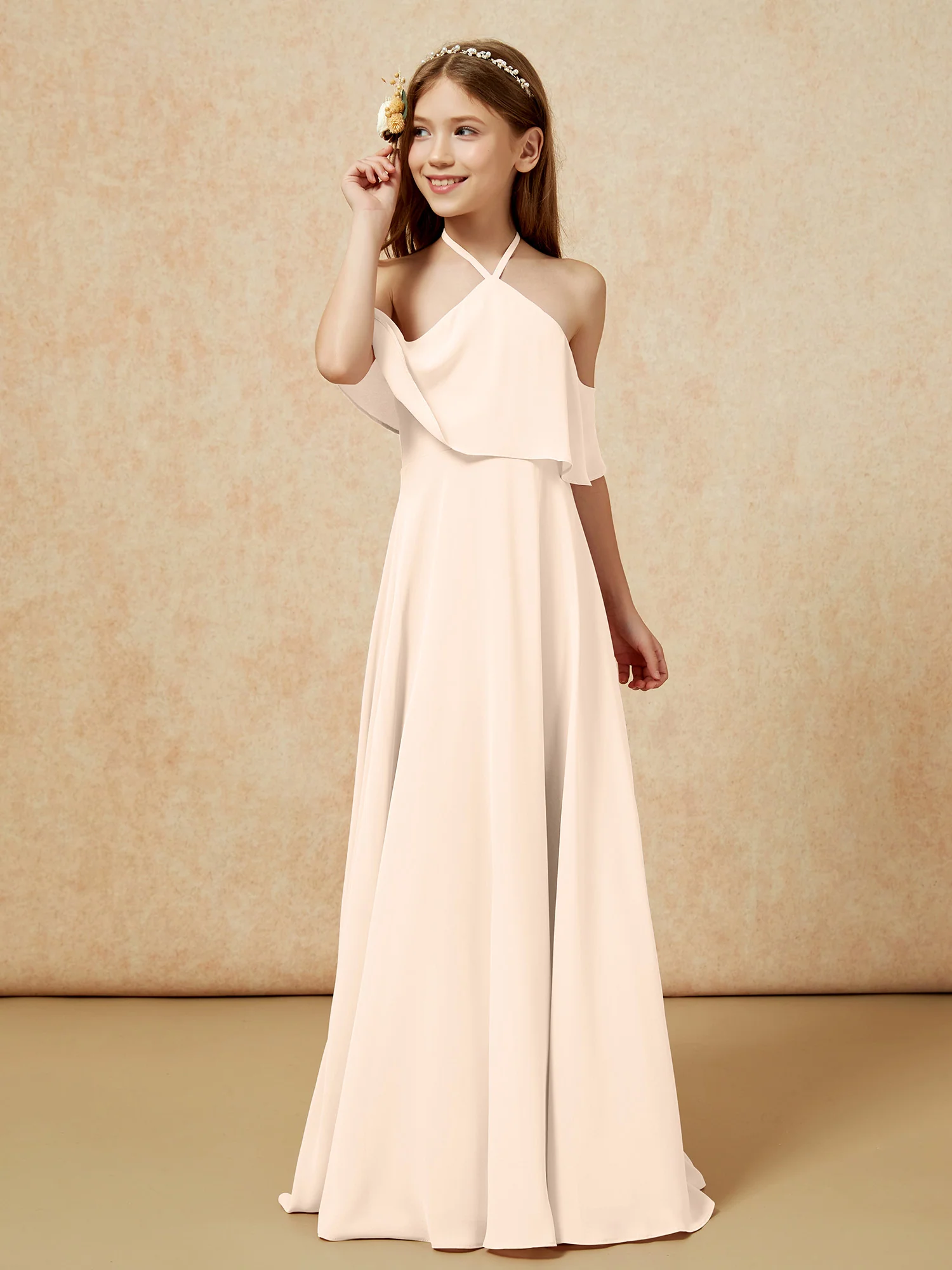 Simple Halter Floor-length Junior Bridesmaid Dress Peach