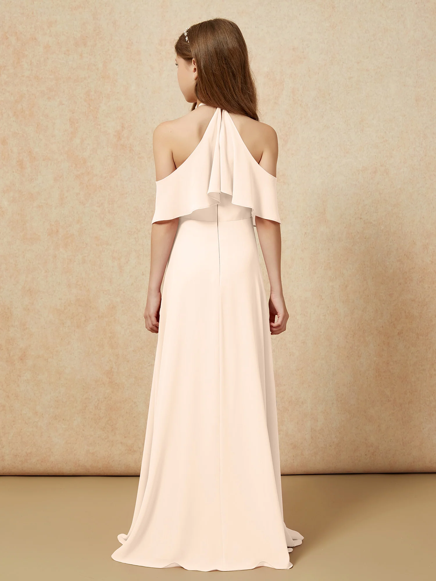 Simple Halter Floor-length Junior Bridesmaid Dress Peach - Image 2