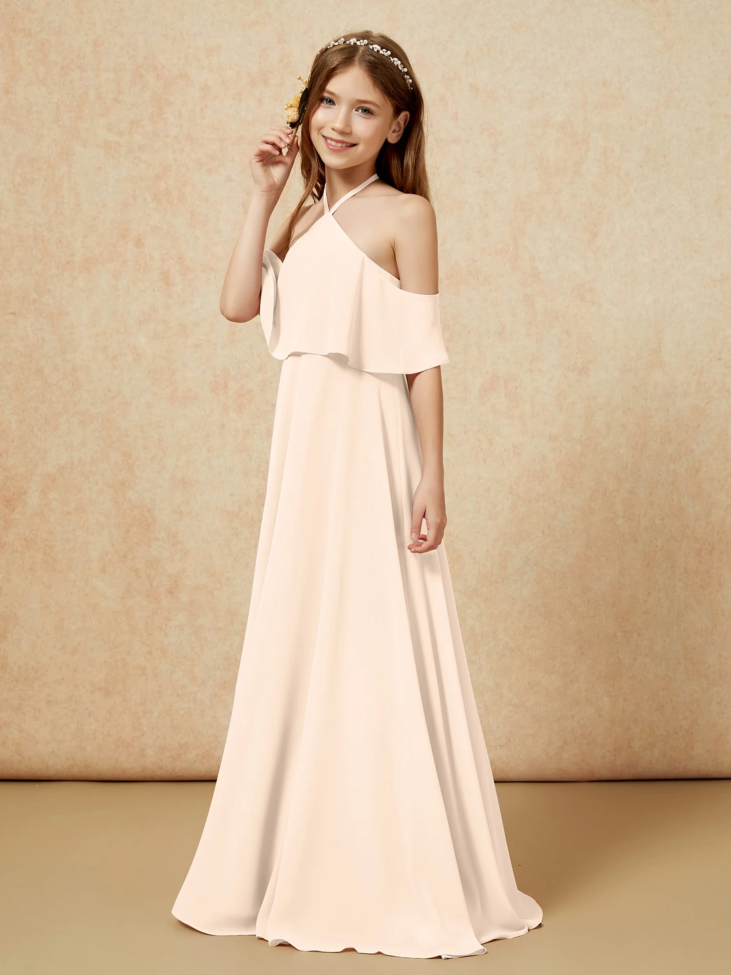 Simple Halter Floor-length Junior Bridesmaid Dress Peach - Image 3