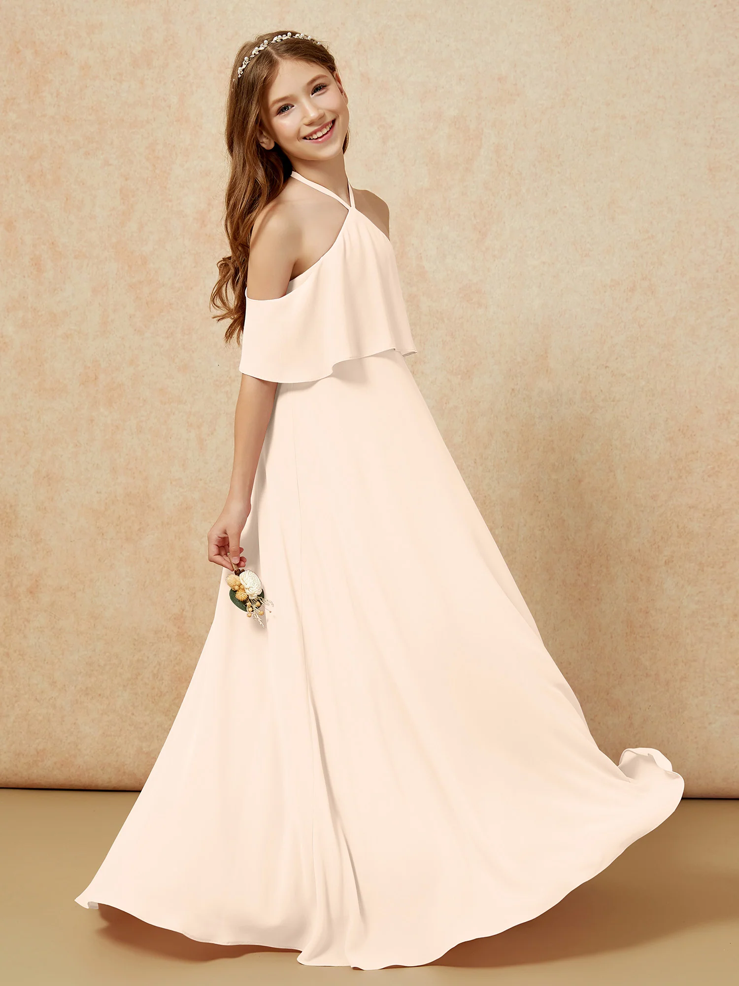 Simple Halter Floor-length Junior Bridesmaid Dress Peach - Image 5