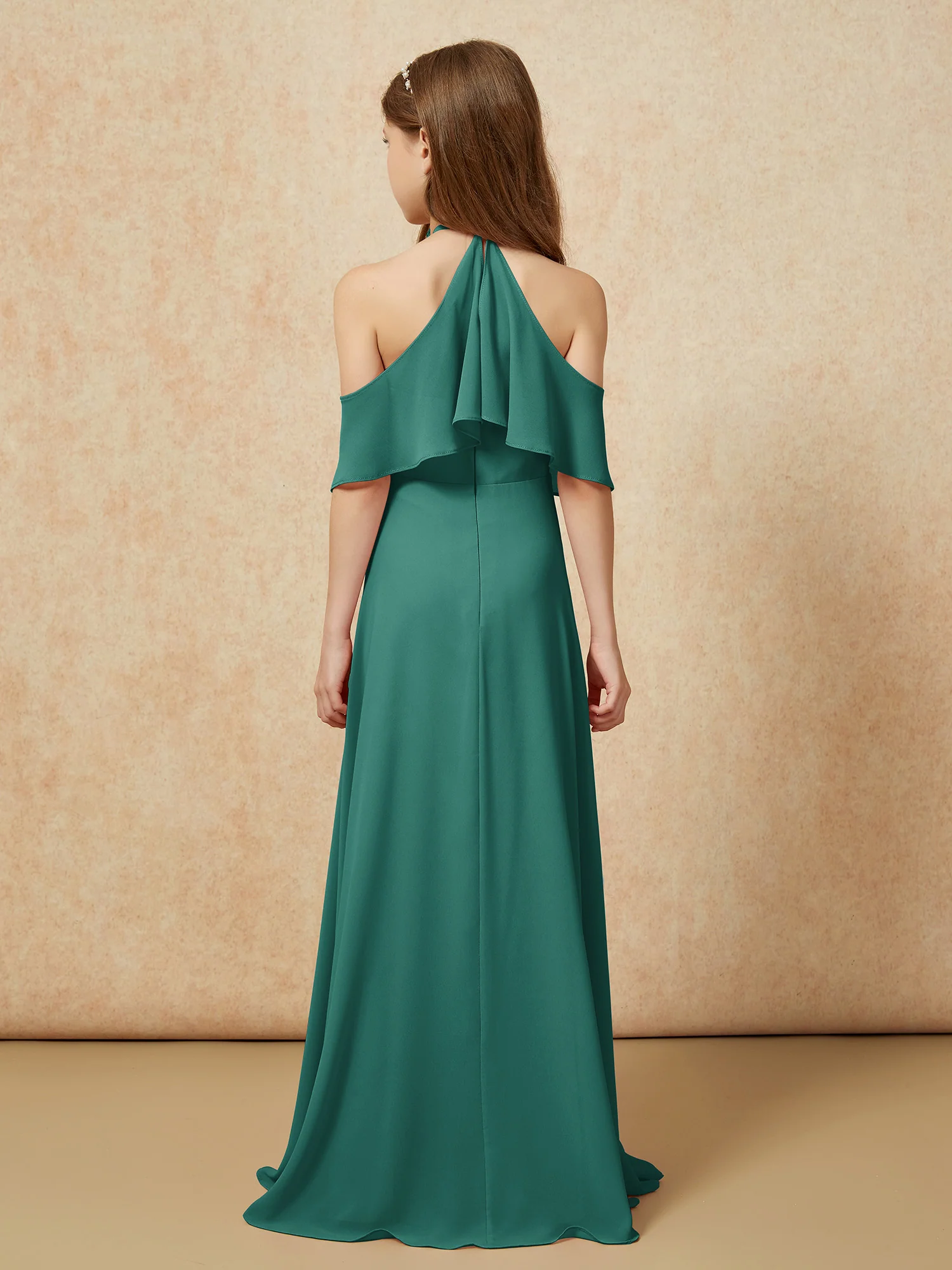 Simple Halter Floor-length Junior Bridesmaid Dress Peacock - Image 2