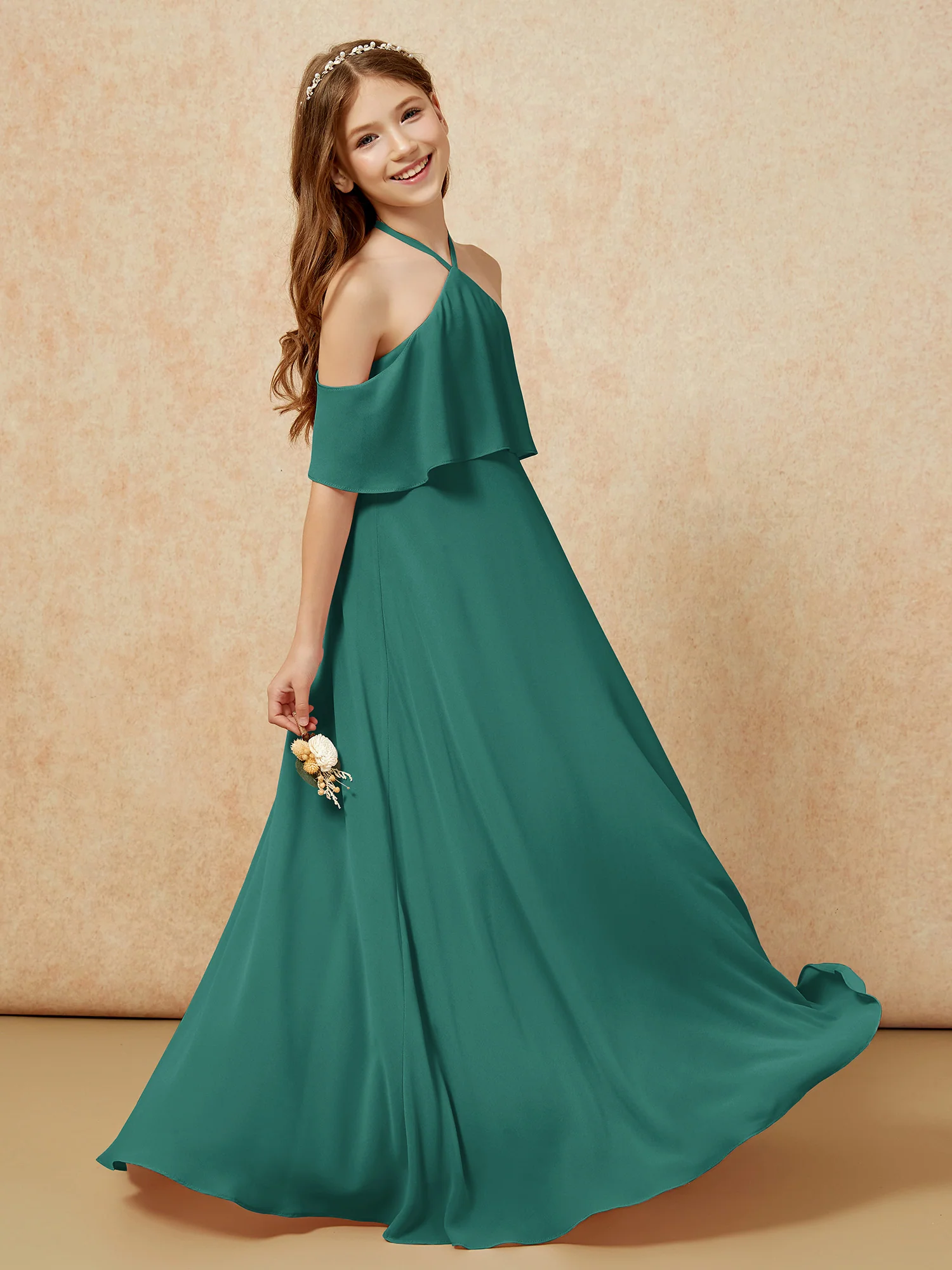 Simple Halter Floor-length Junior Bridesmaid Dress Peacock - Image 5