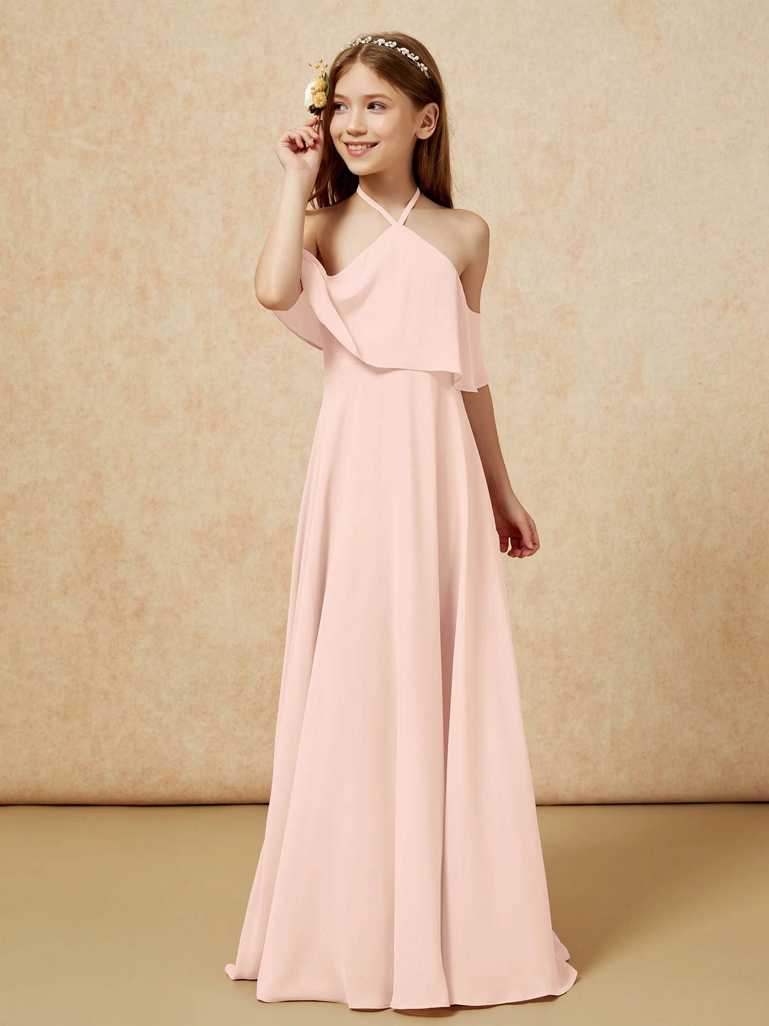Simple Halter Floor-length Junior Bridesmaid Dress Pearl Pink