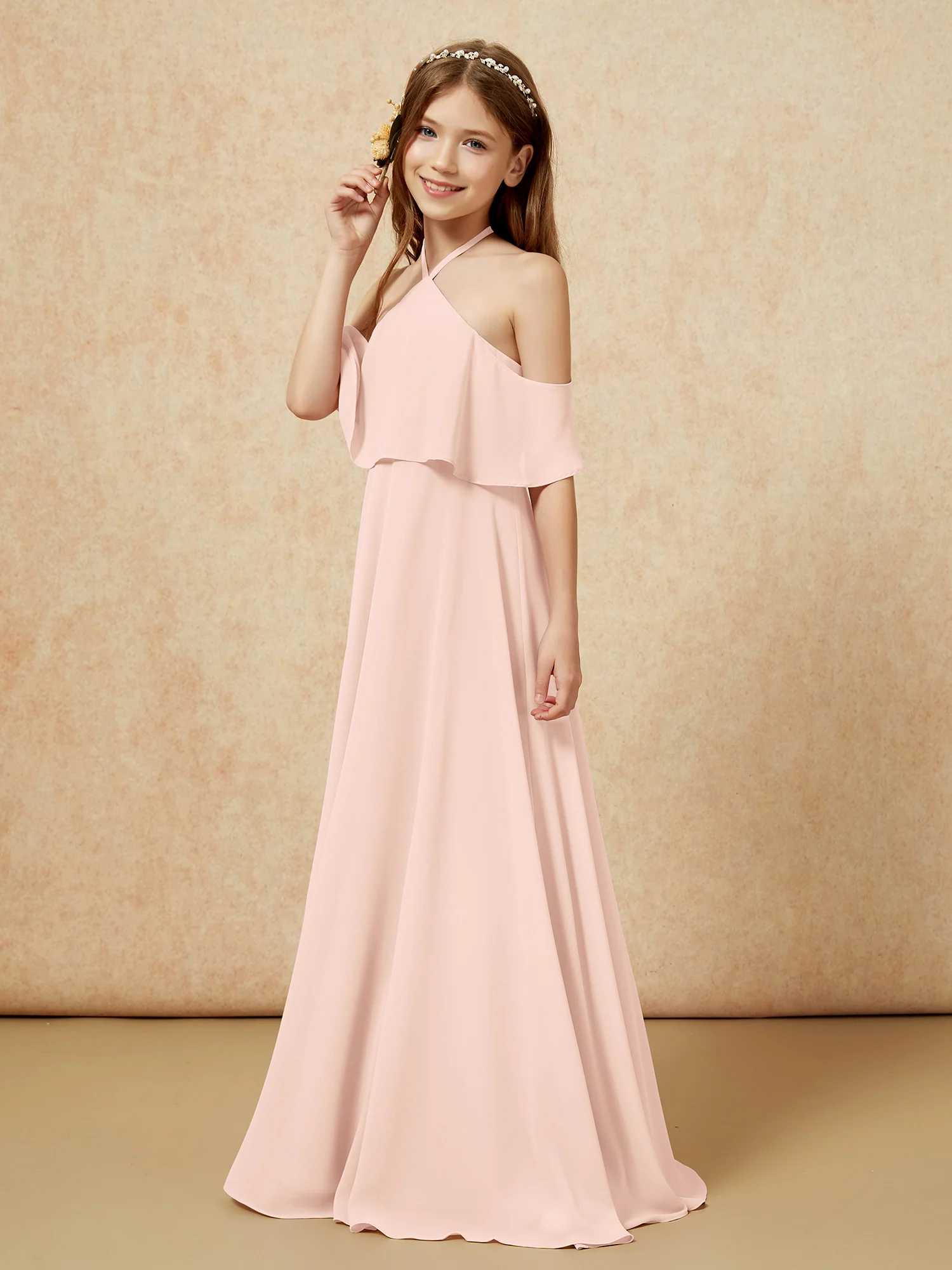 Simple Halter Floor-length Junior Bridesmaid Dress Pearl Pink - Image 3