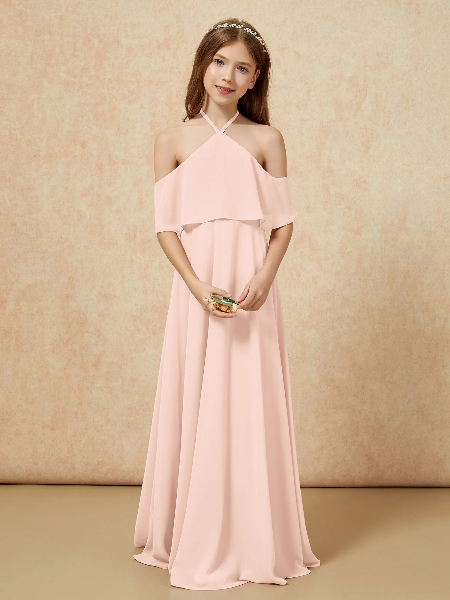 Simple Halter Floor-length Junior Bridesmaid Dress Pearl Pink - Image 4