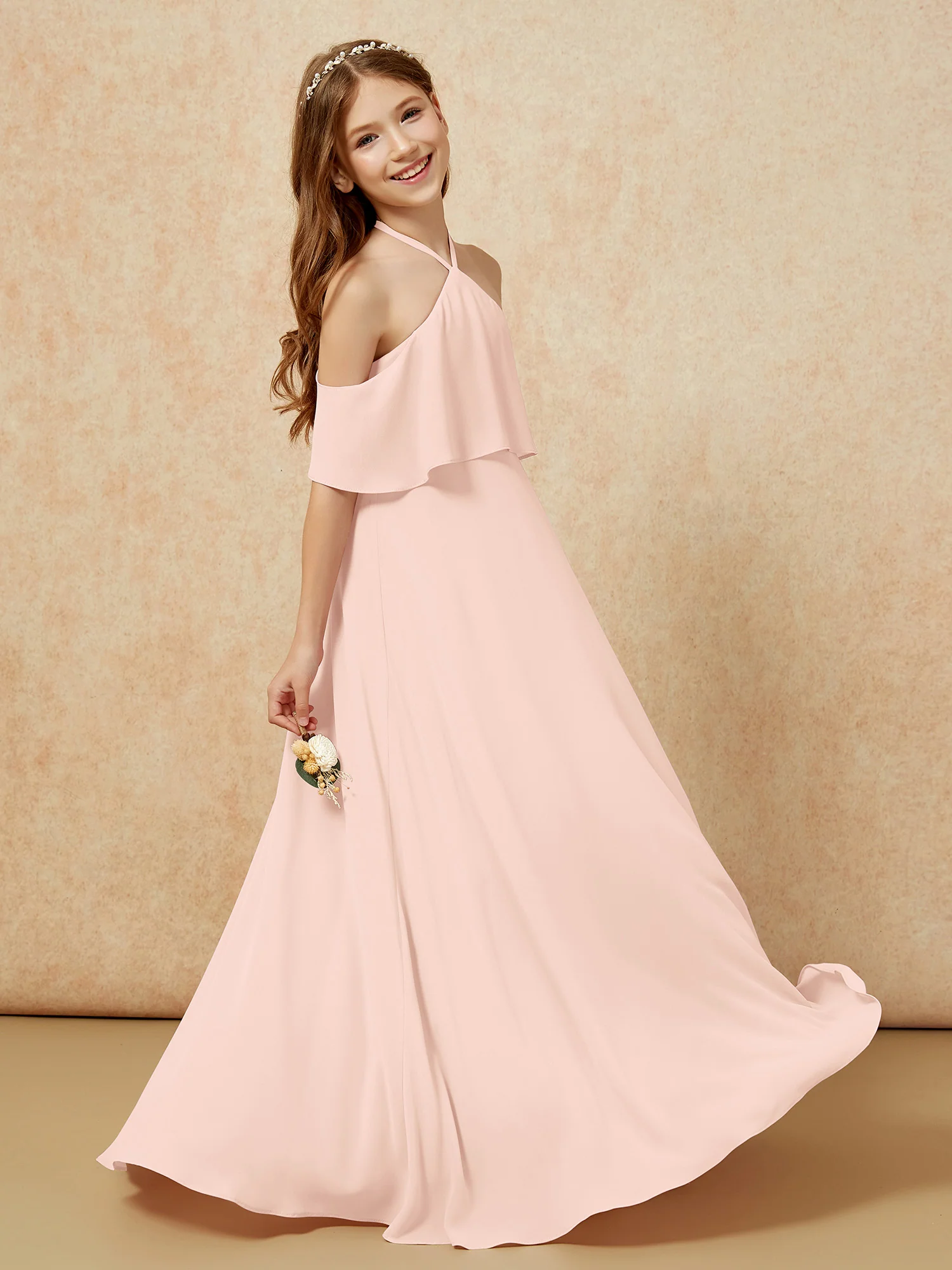 Simple Halter Floor-length Junior Bridesmaid Dress Pearl Pink - Image 5