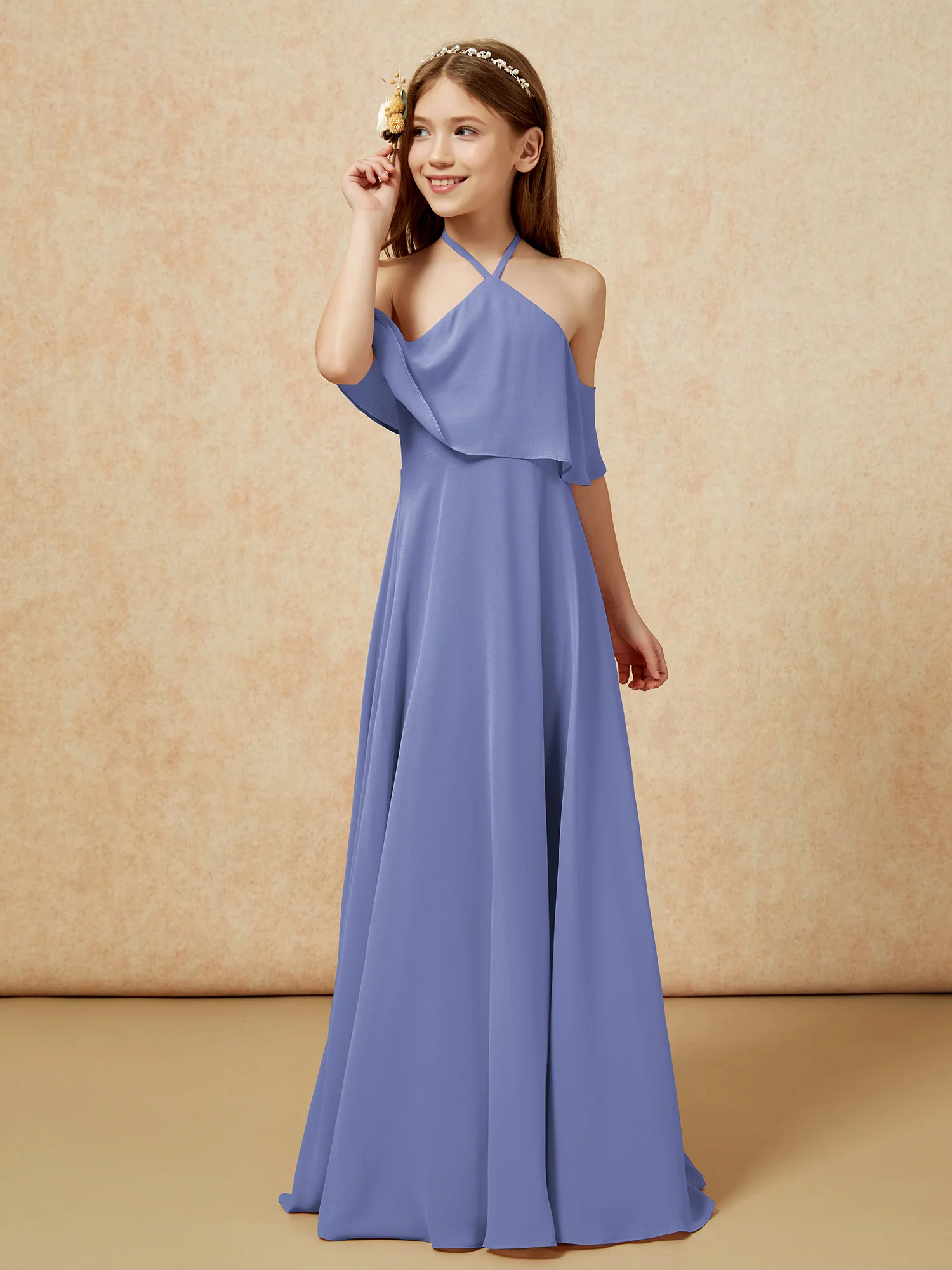 Simple Halter Floor-length Junior Bridesmaid Dress Periwinkle