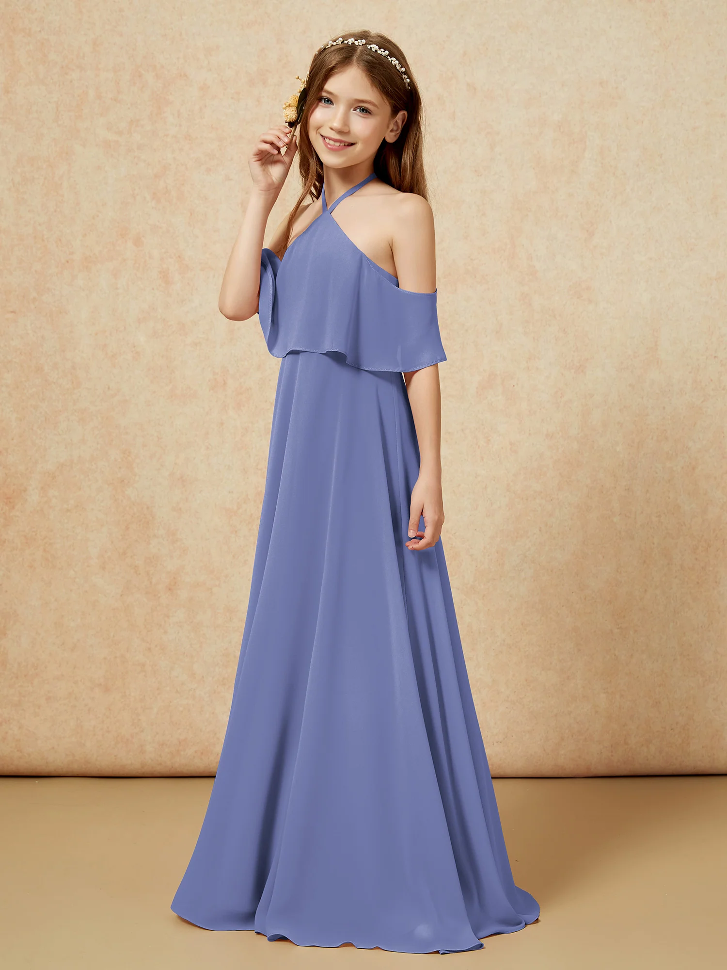 Simple Halter Floor-length Junior Bridesmaid Dress Periwinkle - Image 3