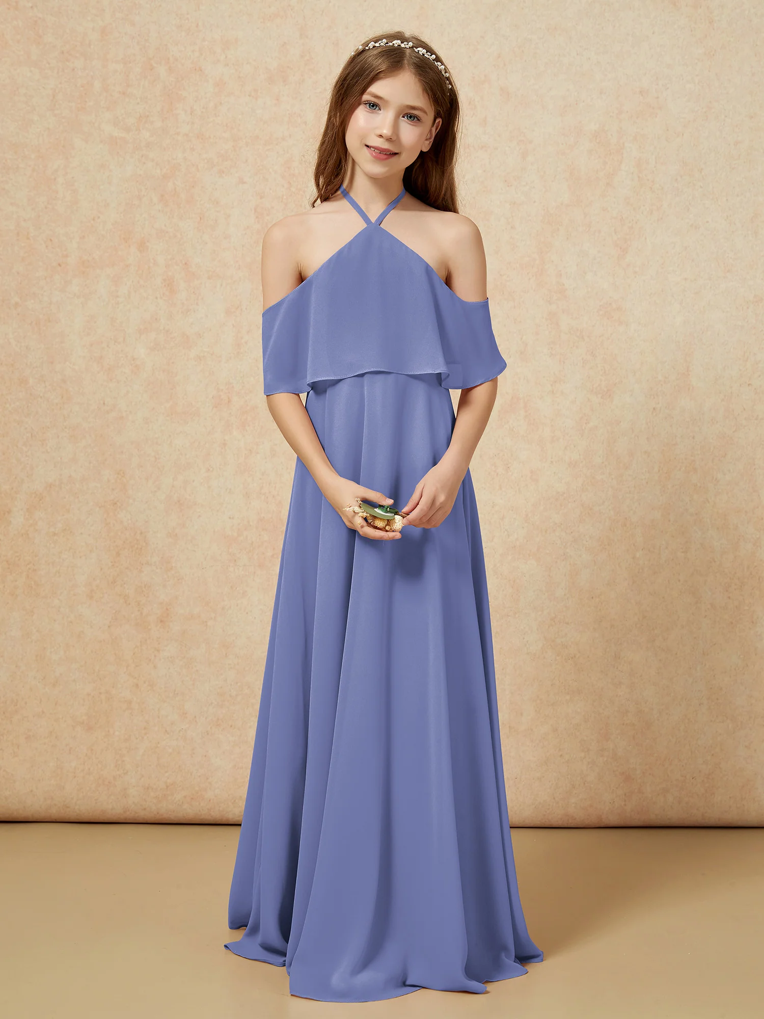 Simple Halter Floor-length Junior Bridesmaid Dress Periwinkle - Image 4