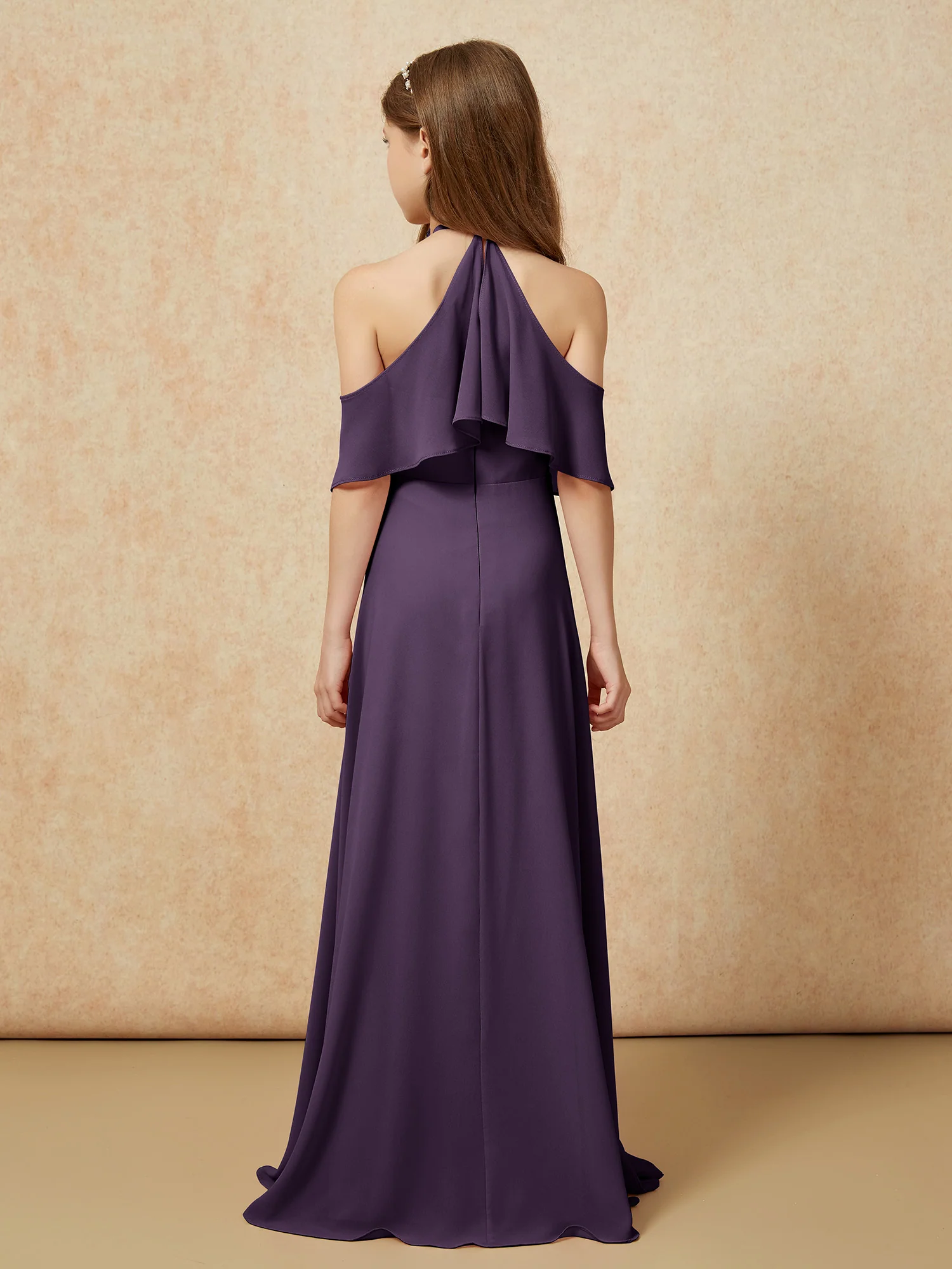 Simple Halter Floor-length Junior Bridesmaid Dress Plum - Image 2