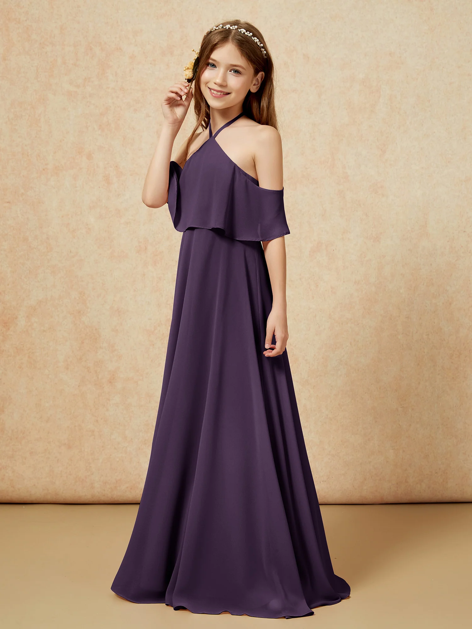 Simple Halter Floor-length Junior Bridesmaid Dress Plum - Image 3