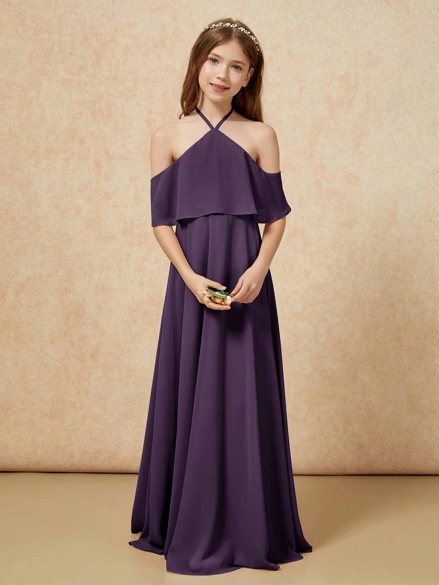 Simple Halter Floor-length Junior Bridesmaid Dress Plum - Image 4