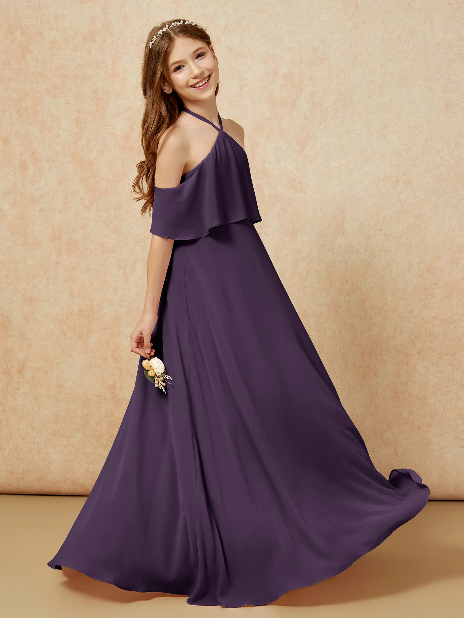 Simple Halter Floor-length Junior Bridesmaid Dress Plum - Image 5
