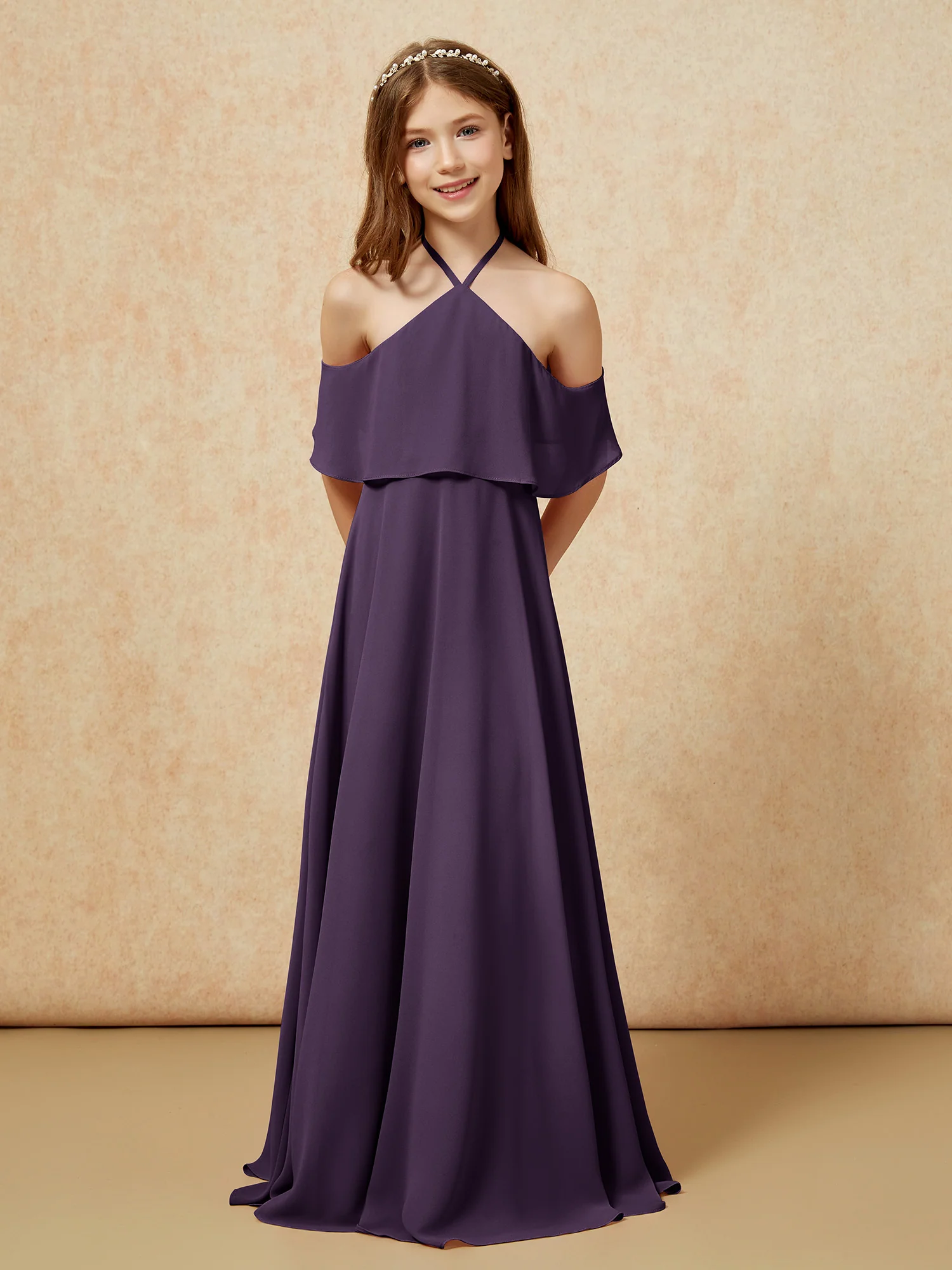 Simple Halter Floor-length Junior Bridesmaid Dress Plum - Image 6