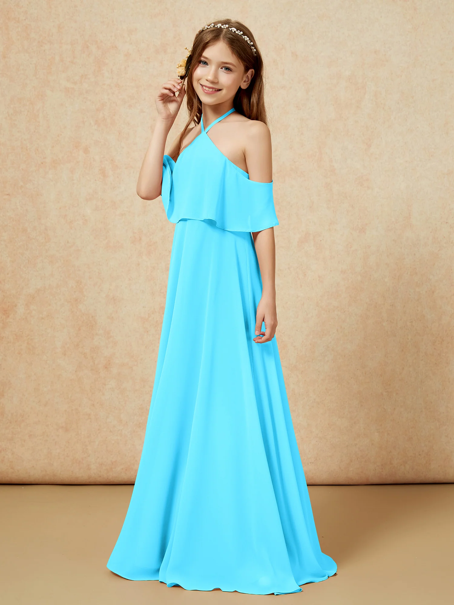 Simple Halter Floor-length Junior Bridesmaid Dress Pool - Image 3