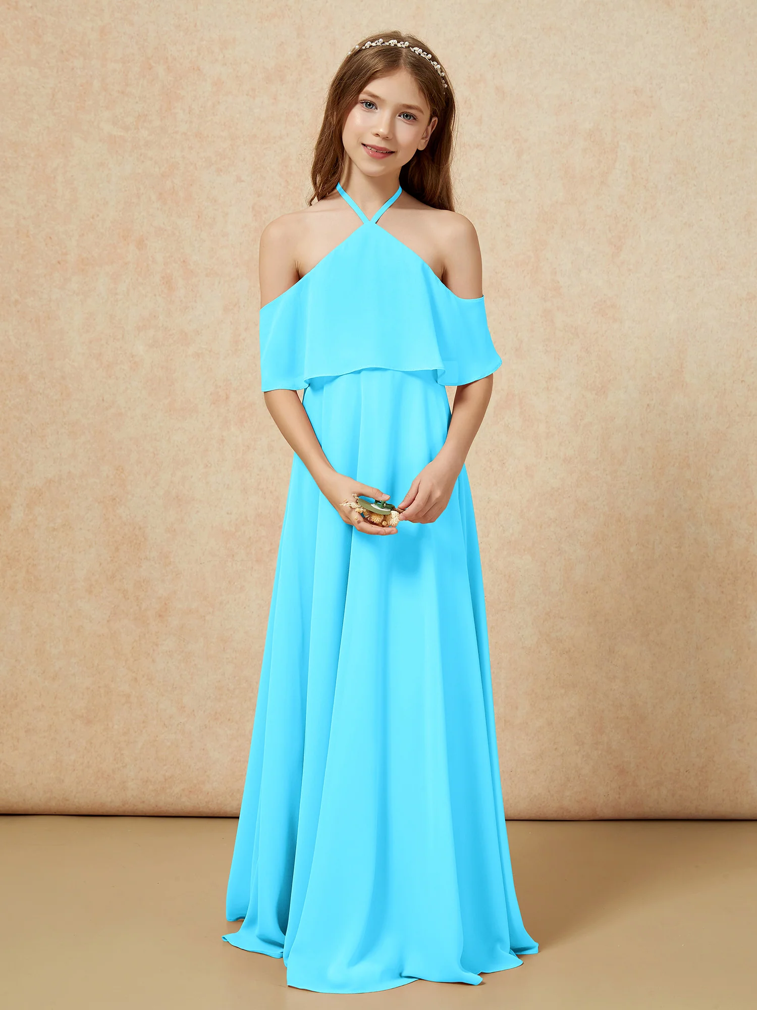 Simple Halter Floor-length Junior Bridesmaid Dress Pool - Image 4