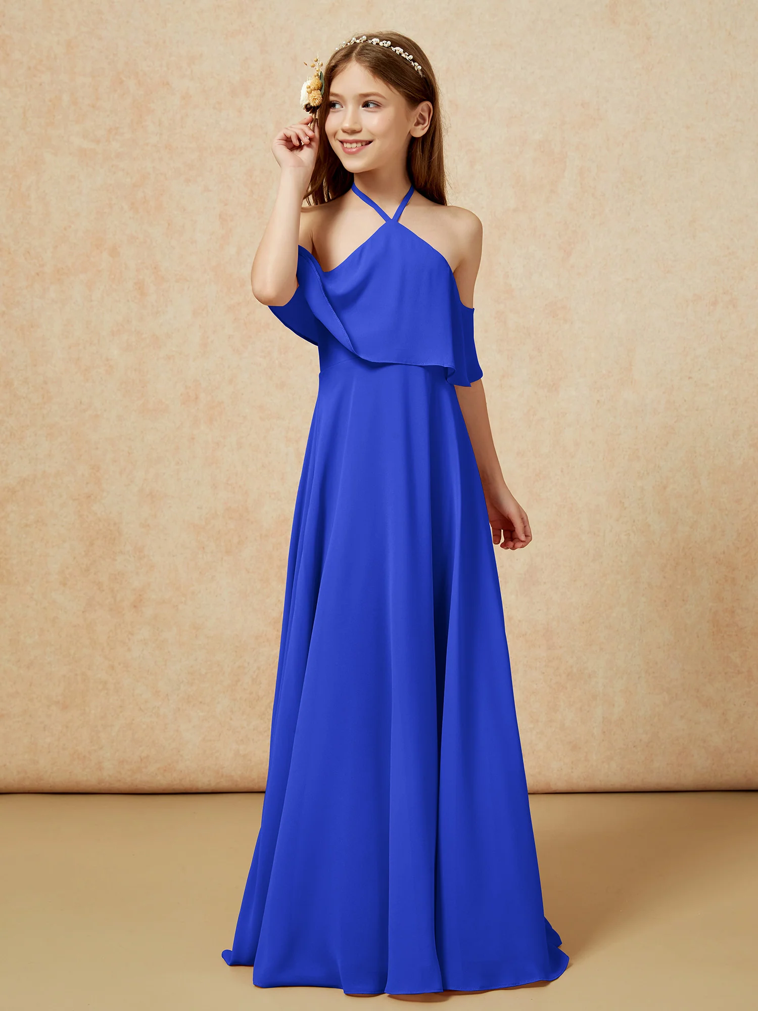 Simple Halter Floor-length Junior Bridesmaid Dress Royal Blue