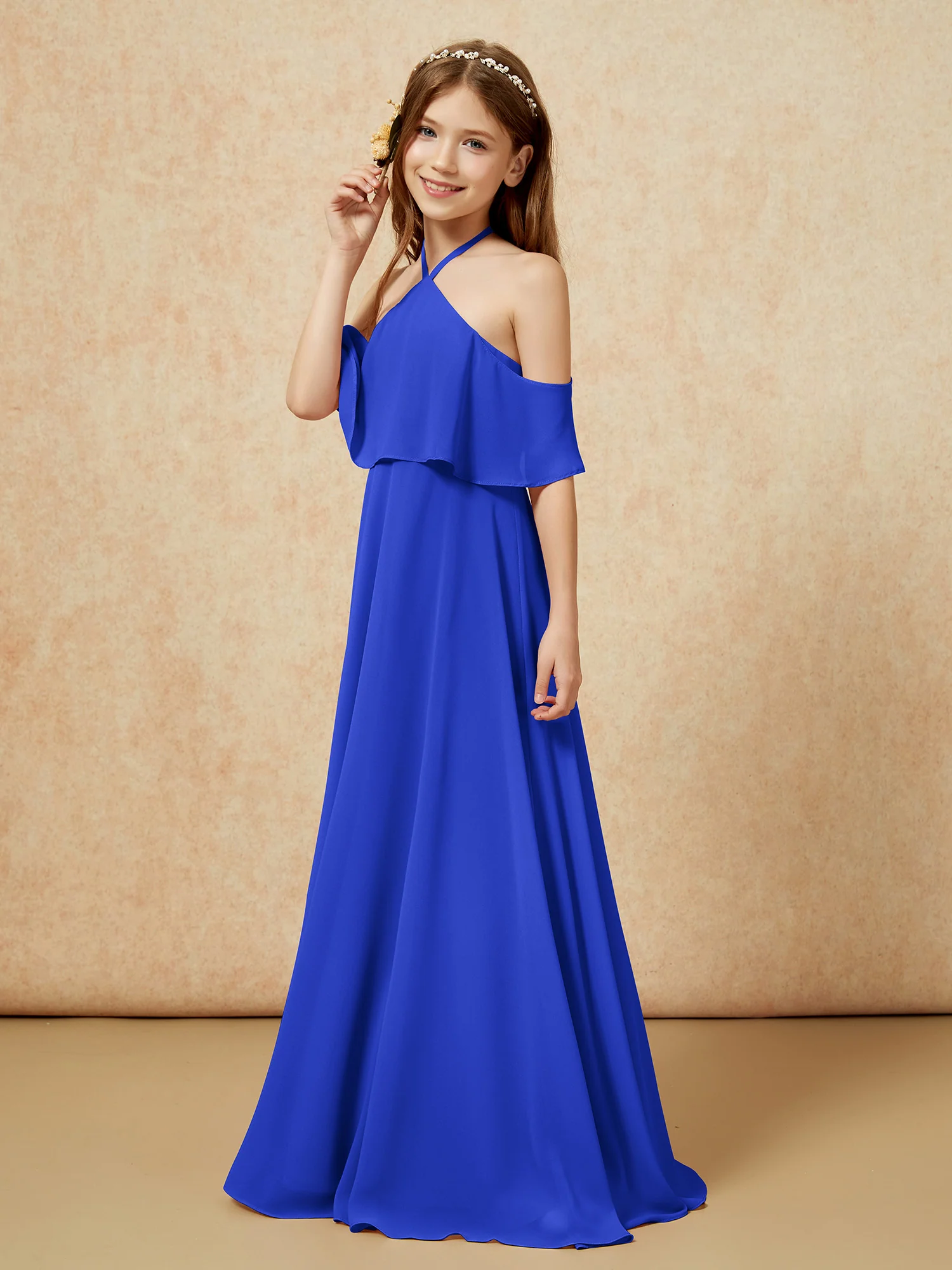 Simple Halter Floor-length Junior Bridesmaid Dress Royal Blue - Image 3