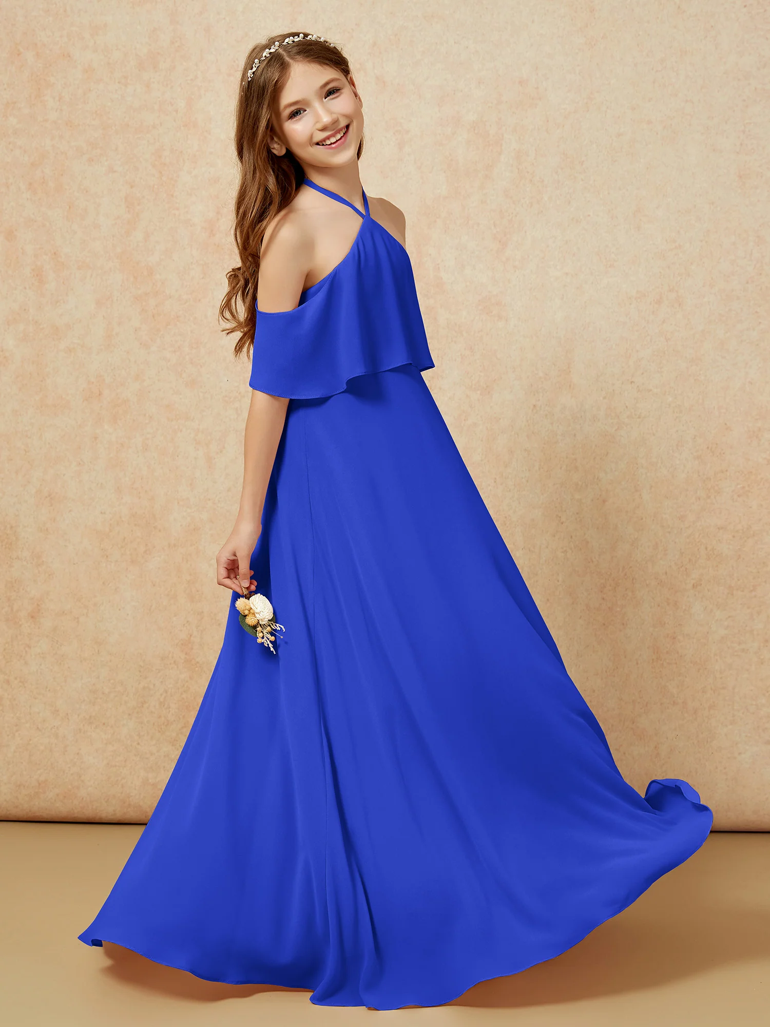 Simple Halter Floor-length Junior Bridesmaid Dress Royal Blue - Image 5
