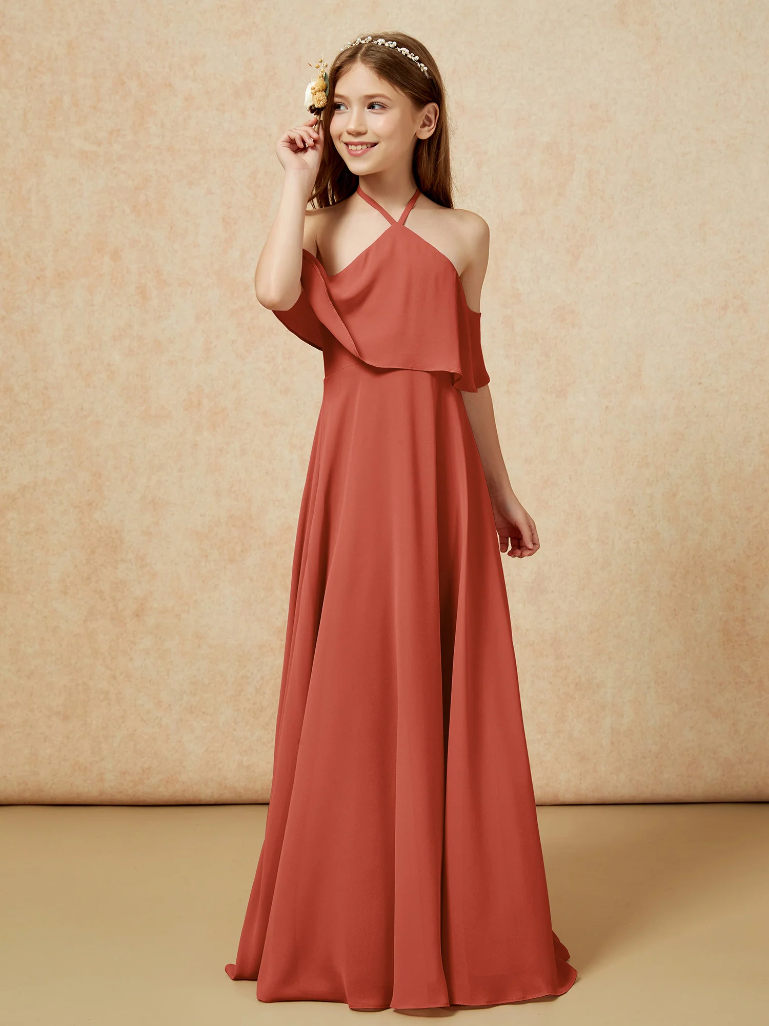 Simple Halter Floor-length Junior Bridesmaid Dress Rust