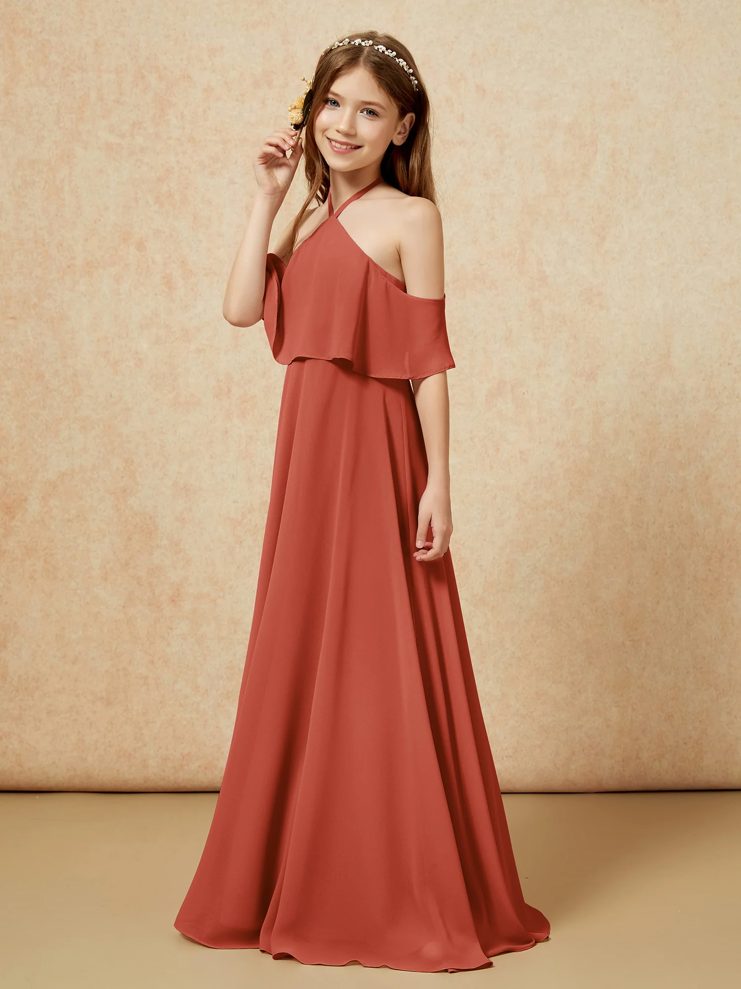 Simple Halter Floor-length Junior Bridesmaid Dress Rust - Image 3