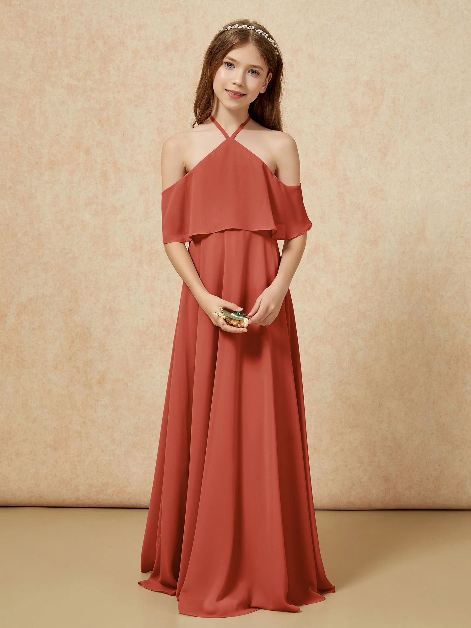 Simple Halter Floor-length Junior Bridesmaid Dress Rust - Image 4