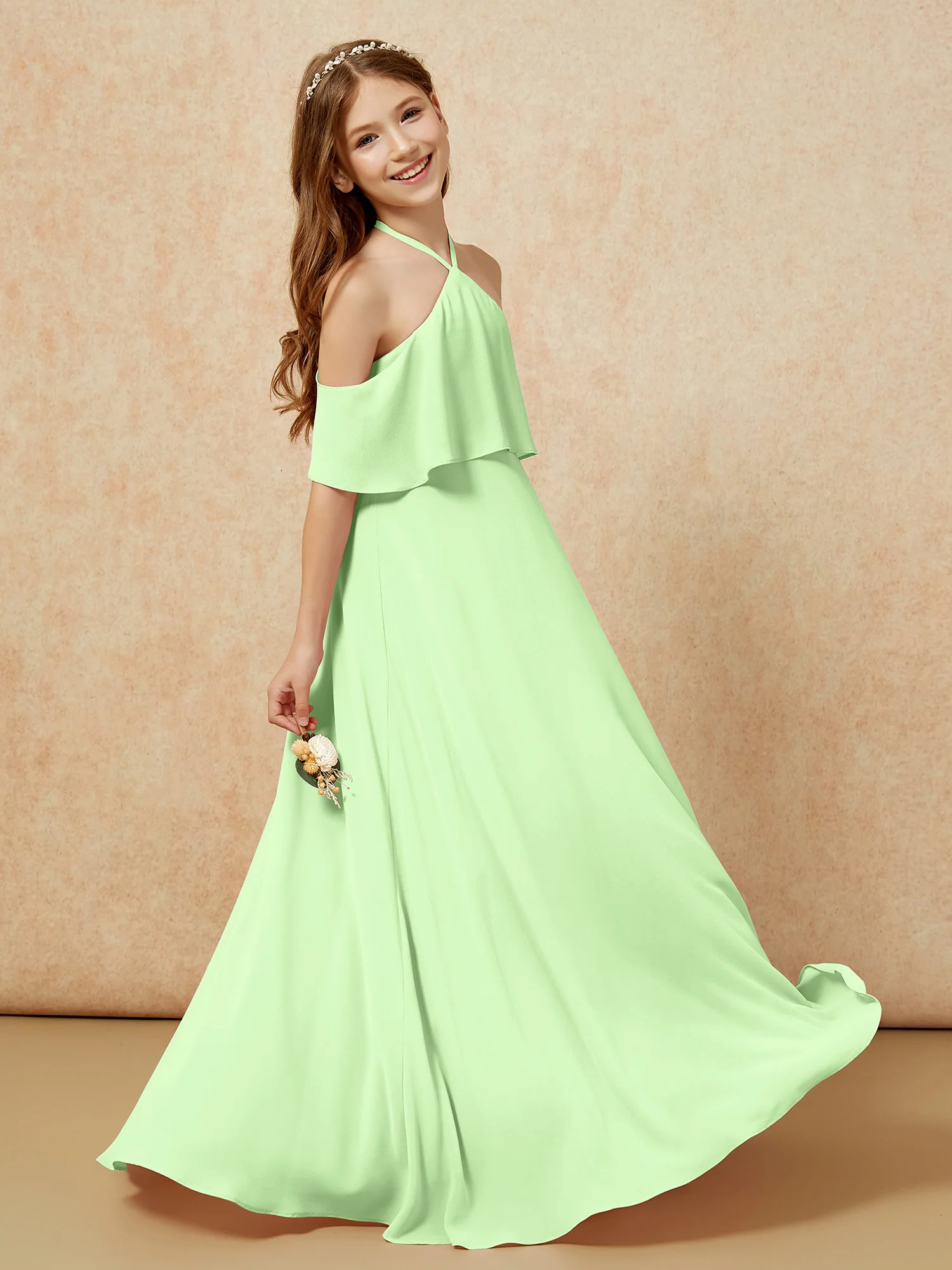Simple Halter Floor-length Junior Bridesmaid Dress Sage - Image 5