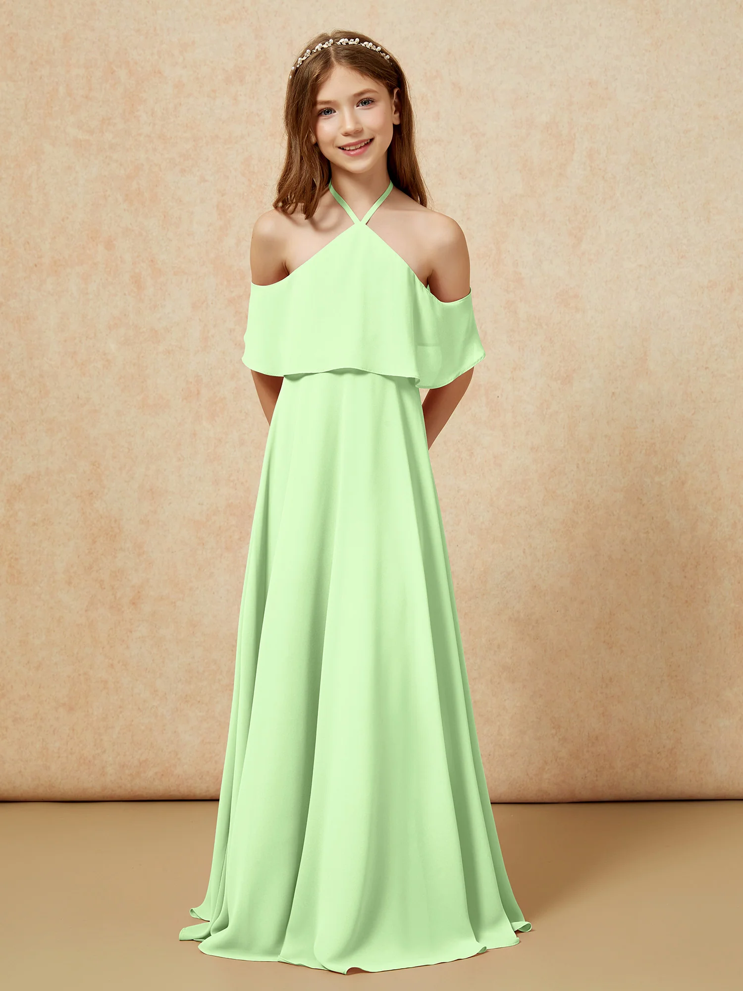 Simple Halter Floor-length Junior Bridesmaid Dress Sage - Image 6