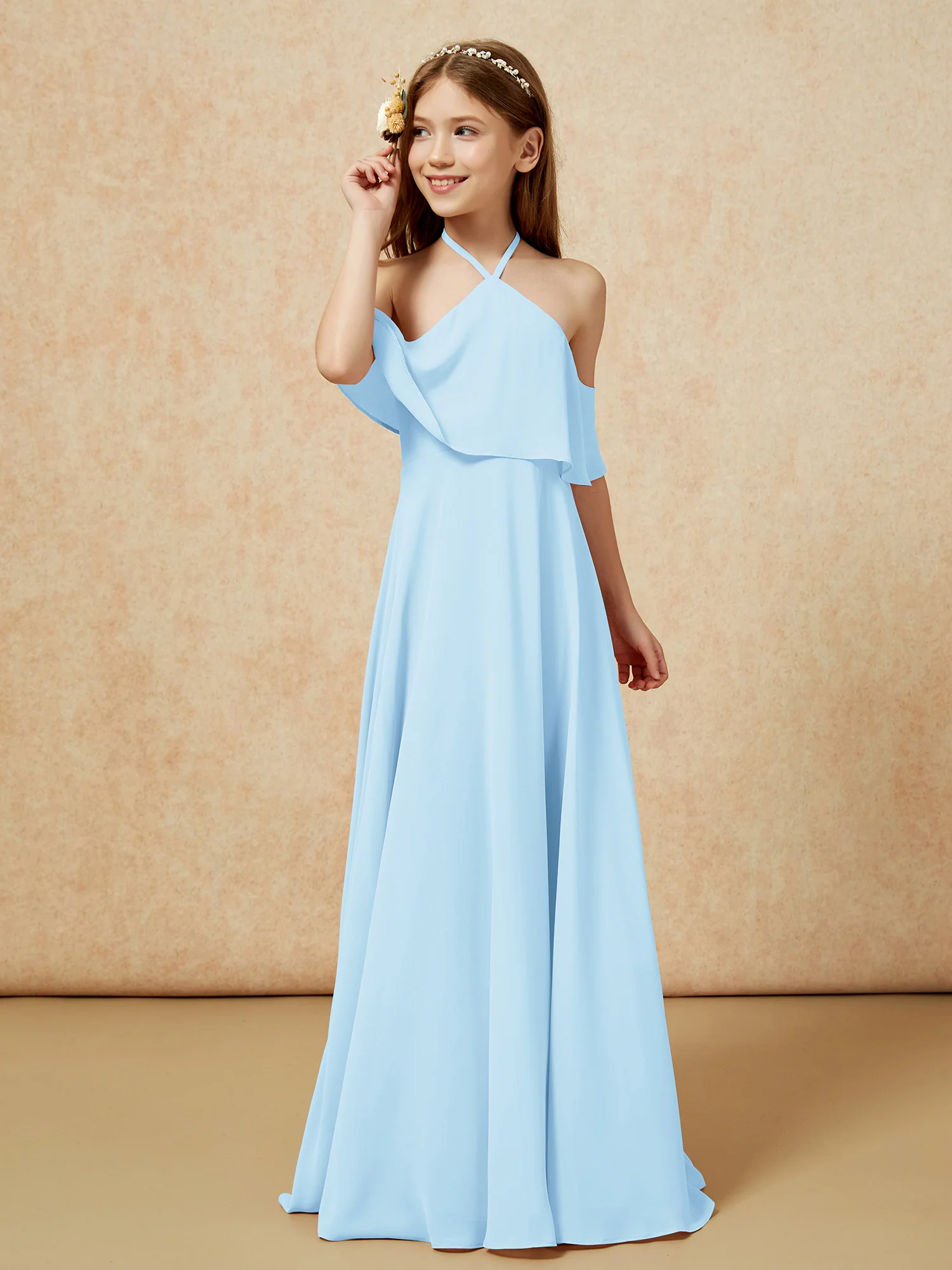 Simple Halter Floor-length Junior Bridesmaid Dress Sky Blue