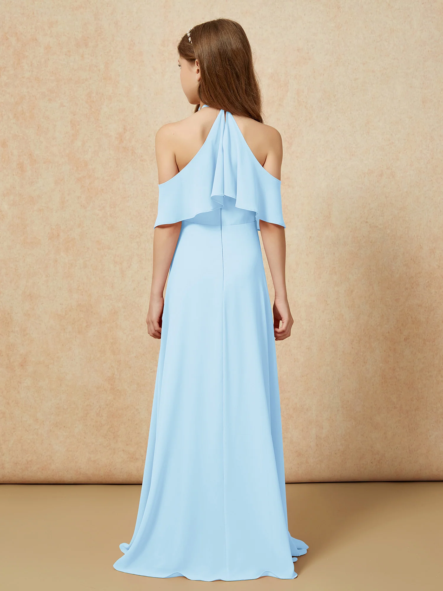 Simple Halter Floor-length Junior Bridesmaid Dress Sky Blue - Image 2