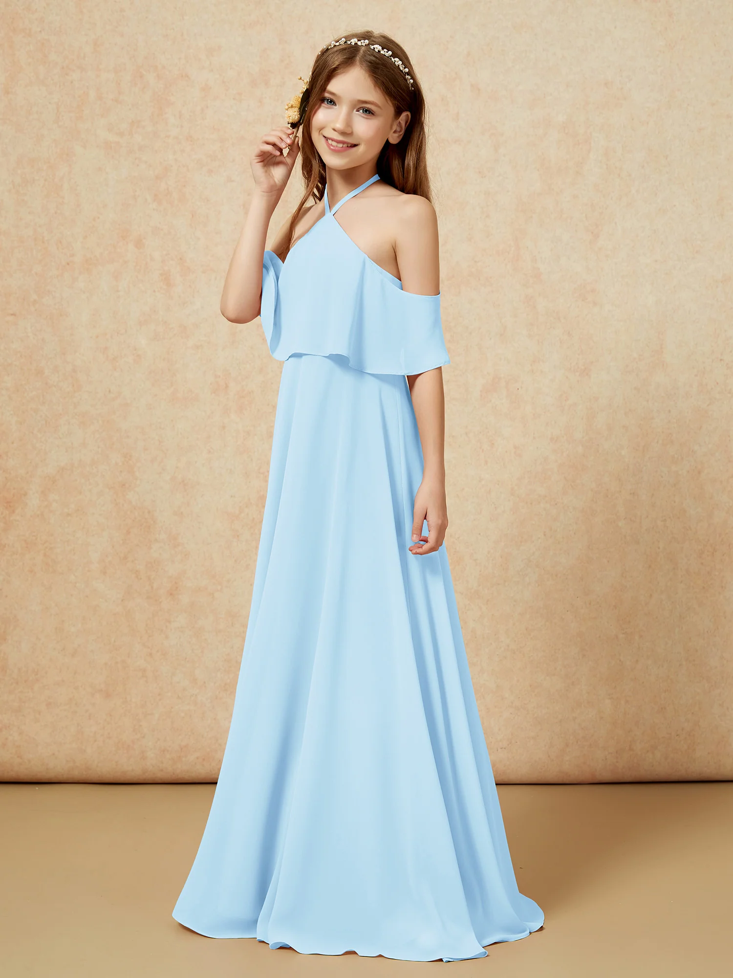 Simple Halter Floor-length Junior Bridesmaid Dress Sky Blue - Image 3