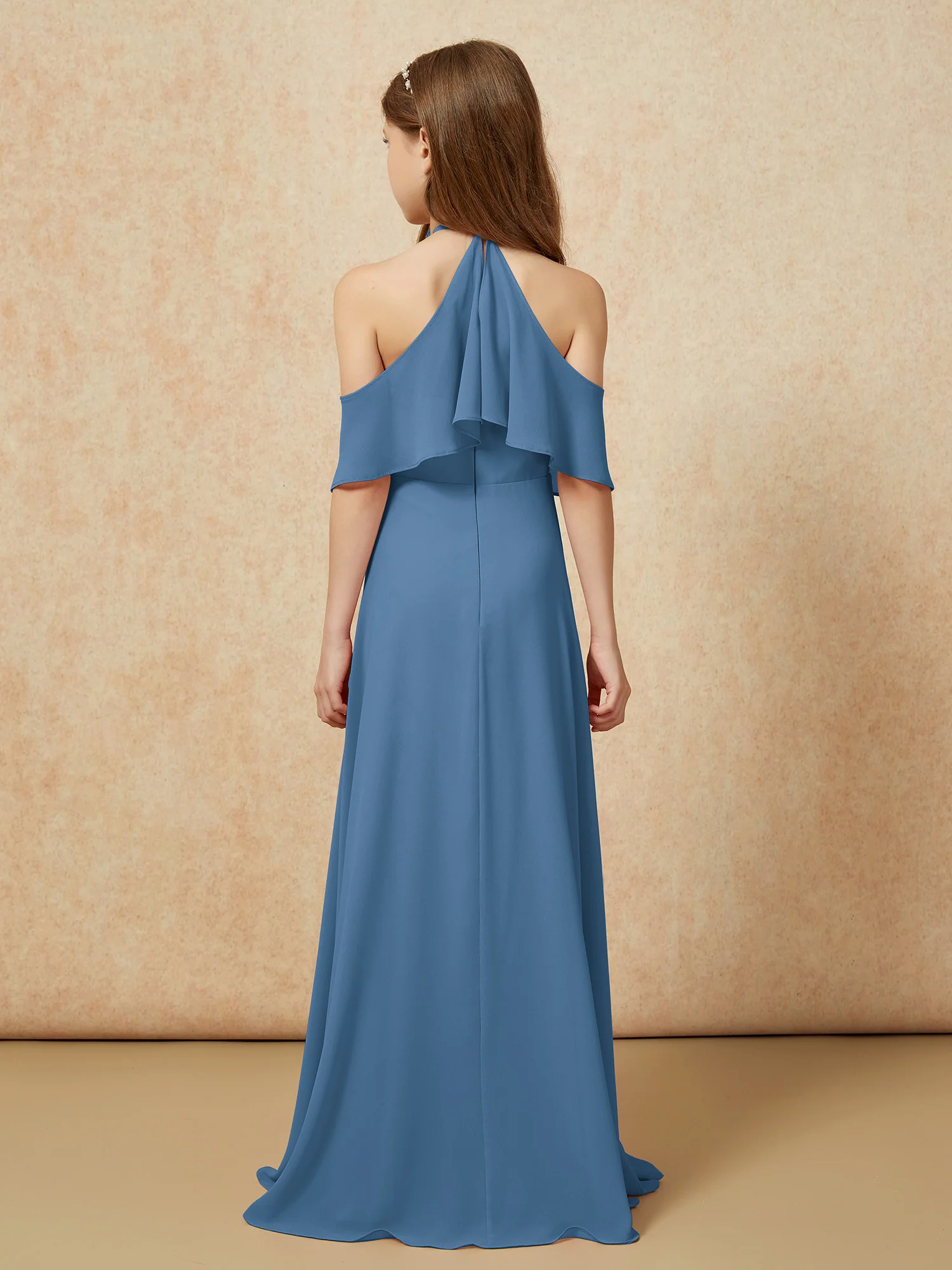 Simple Halter Floor-length Junior Bridesmaid Dress Slate Blue - Image 2
