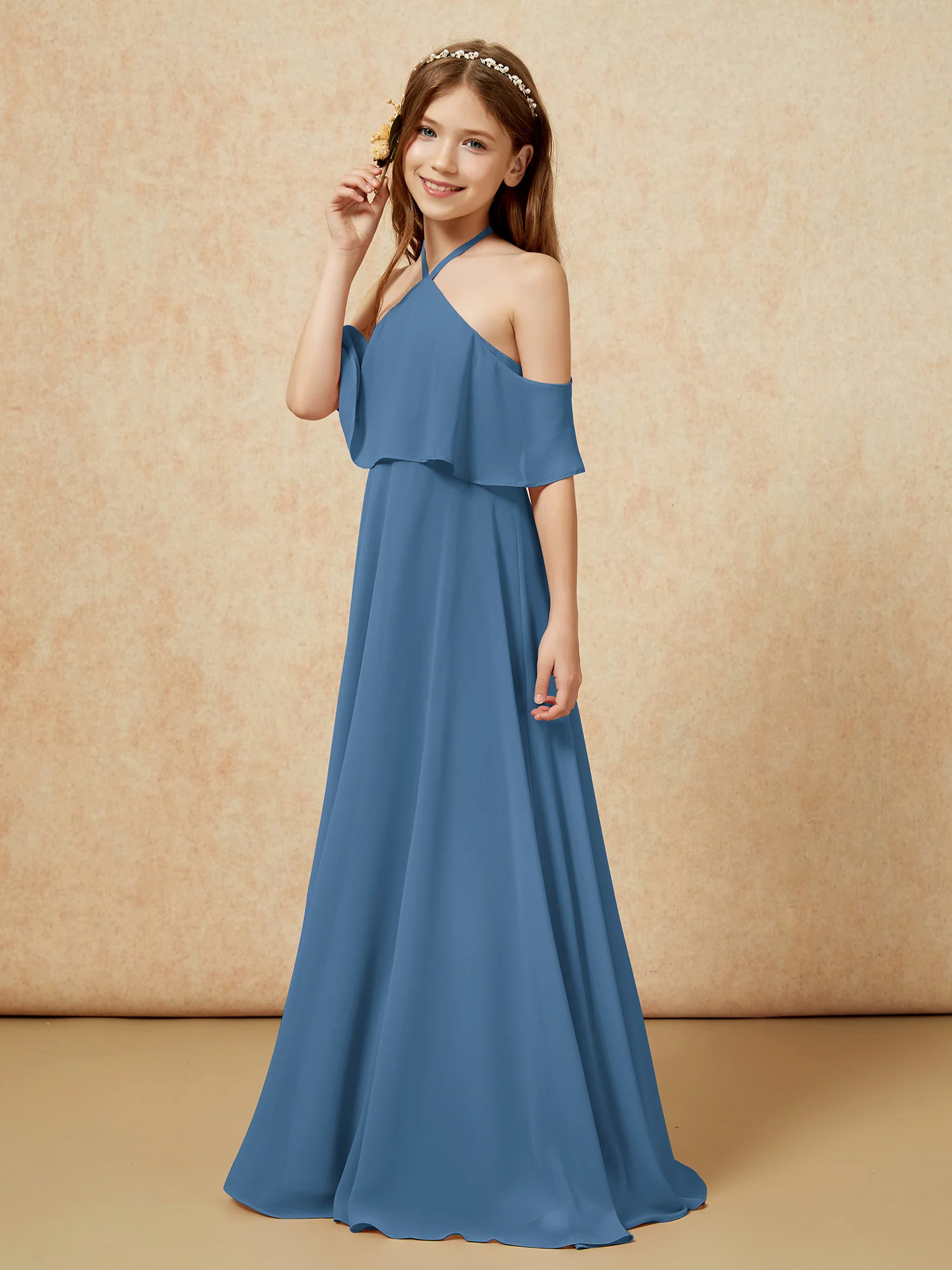 Simple Halter Floor-length Junior Bridesmaid Dress Slate Blue - Image 3