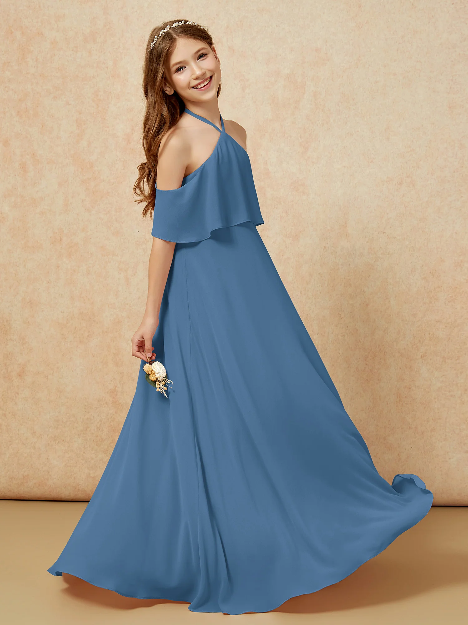 Simple Halter Floor-length Junior Bridesmaid Dress Slate Blue - Image 5