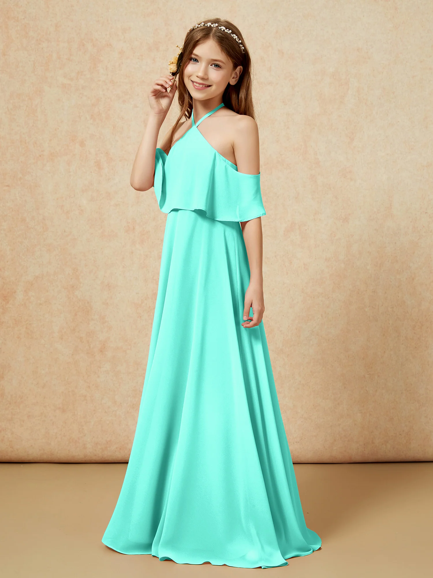 Simple Halter Floor-length Junior Bridesmaid Dress Spa - Image 3