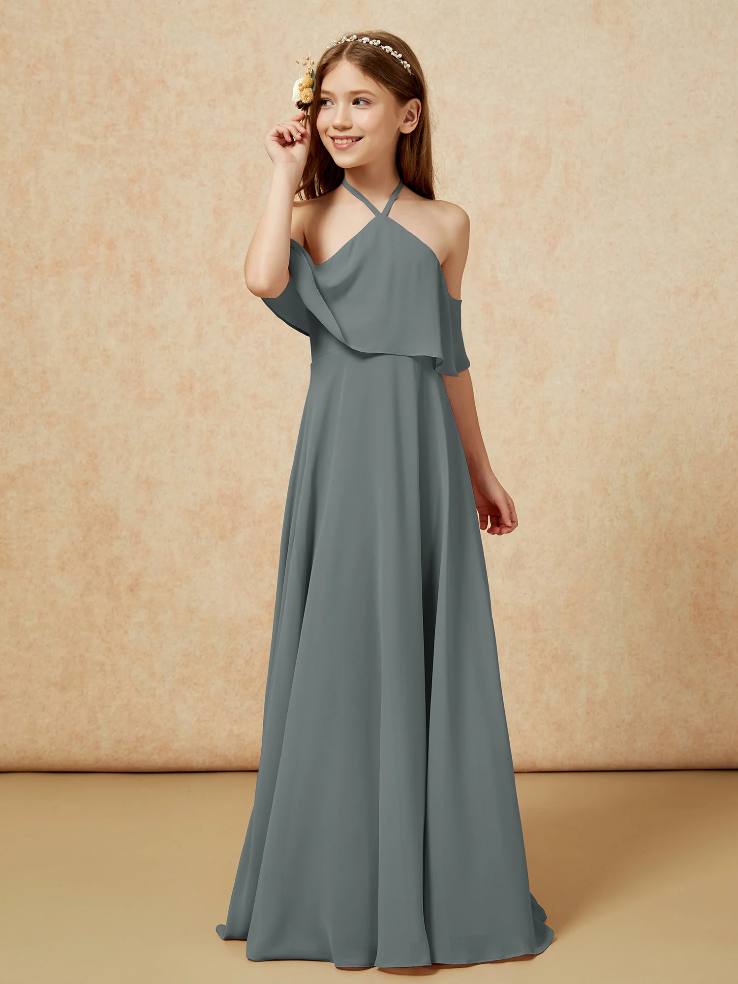 Simple Halter Floor-length Junior Bridesmaid Dress Steel Grey
